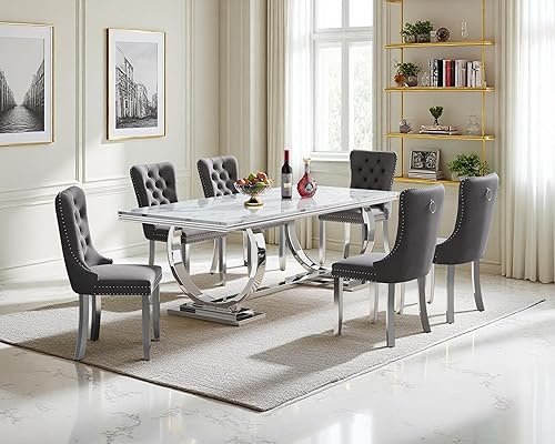 Miniatura 53 de Juego de mesa de comedor de 7 piezas, color blanco y plateado, mesa de cocina moderna de mármol sintético de 68 pulgadas con 6 sillas tapizadas Mesa