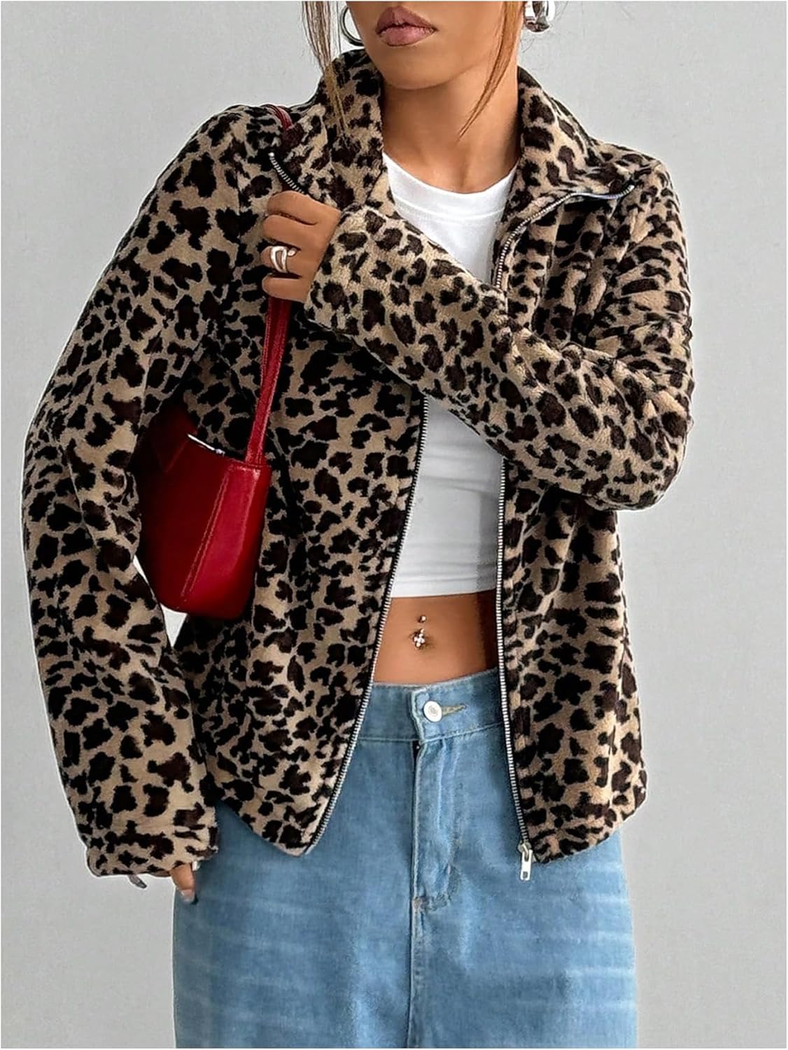 GORGLITTER Women's Full Zip Up Fuzzy Sherpa Jacket Leopard Cheetah Print Long Sleeve Coat Outerwear