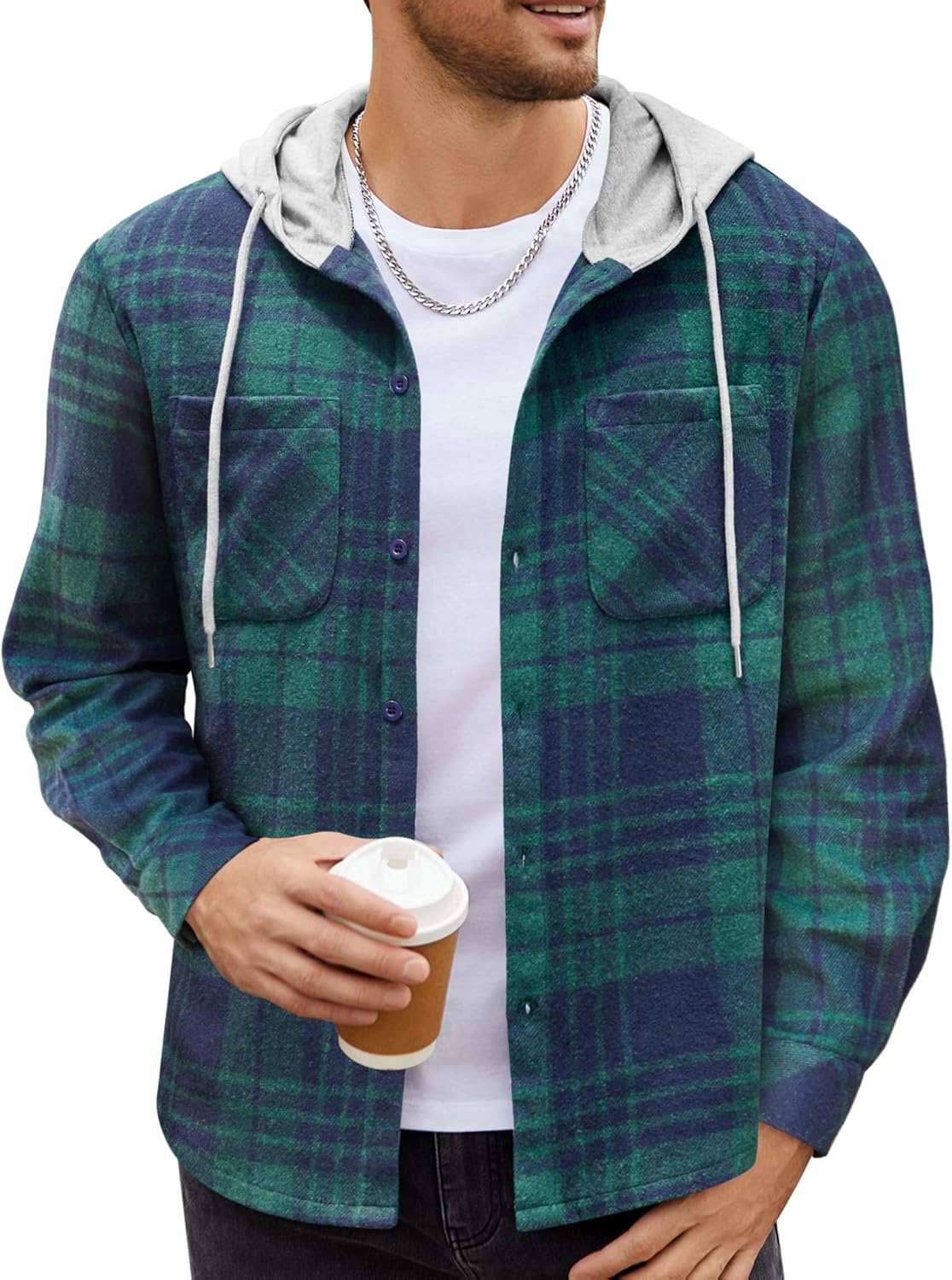 COOFANDY Men's Flannel Hoodie Plaid Shirt Long Sleeve Button Down Casual Shirt Jacket Lightweight Fall Shacket