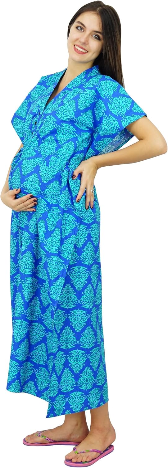 Bimba Maternity Cotton Kaftan Hospital Delivery Gown Nursing Night Wear Caftan Blue