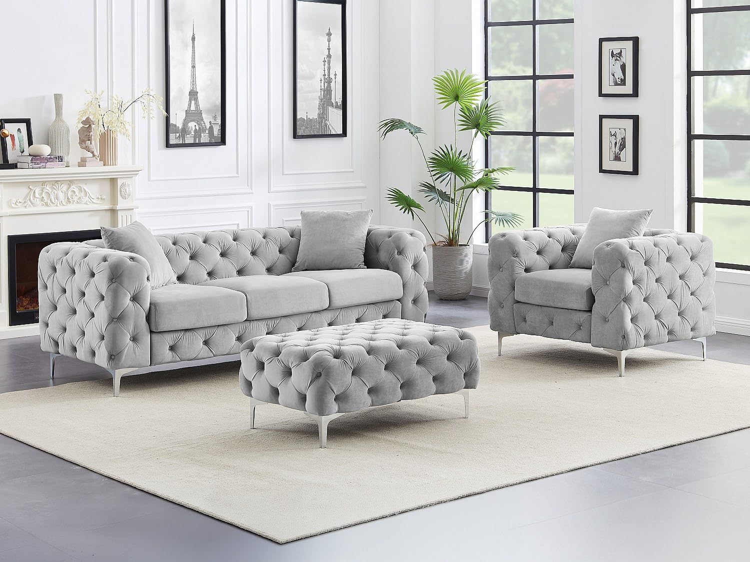 Vente-unique - Canapé 3 Places, Fauteuil et Pouf Chesterfield en Velours Gris Clair Edwina