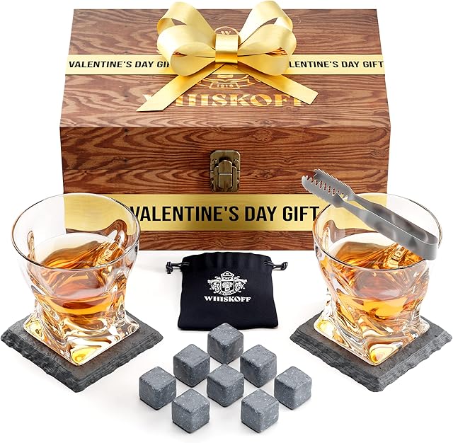 Whiskey Glass Set of 2 - Bourbon Whiskey Stones Gift Set For Men - Includes Crystal Whisky Rocks Glasses, Chilling Stones, Slate Coasters - Scotch Glasses in Wooden Box - Wisky Burbon Retirement Gifts