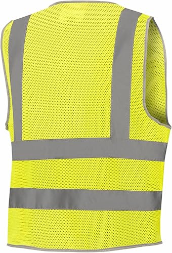Miniatura 8 de Pioneer Chaleco de seguridad para hombre, malla reflectante de neón Hi Vis, 8 bolsillos, cierre de cremallera para construcción, tráfico, trabajo de