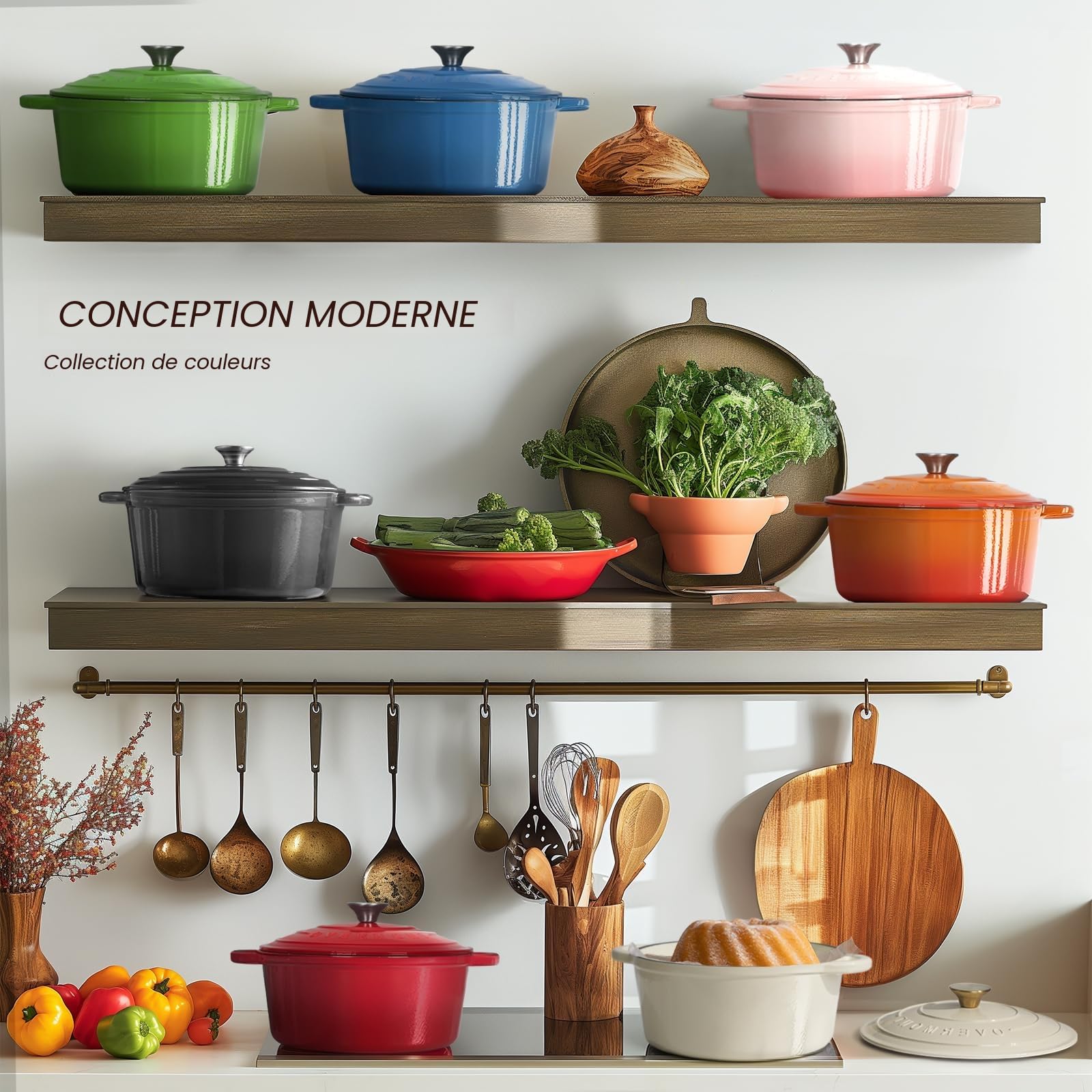 Overmont Cocotte en Fonte Émaillée - Ø24 cm Casserole Antiadhésive Avec Couvercle et Maniques en Coton - Batterie de Cuisine Robuste pour Braiser Ragoûts Rôtir Pain - Rose pastel
