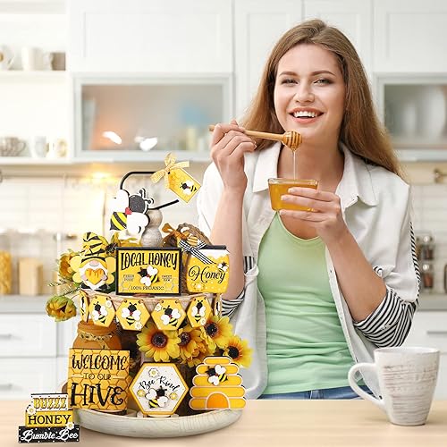 Miniatura 4 de 15 piezas de decoración de bandeja escalonada de verano de abeja de miel, mini letrero de madera de madera, bandejas decorativas de primavera,