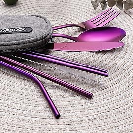 Topbooc 8-Piece Portable Stainless Steel Flatware Set, Travel Camping Cutlery Set with Purple Waterproof Case