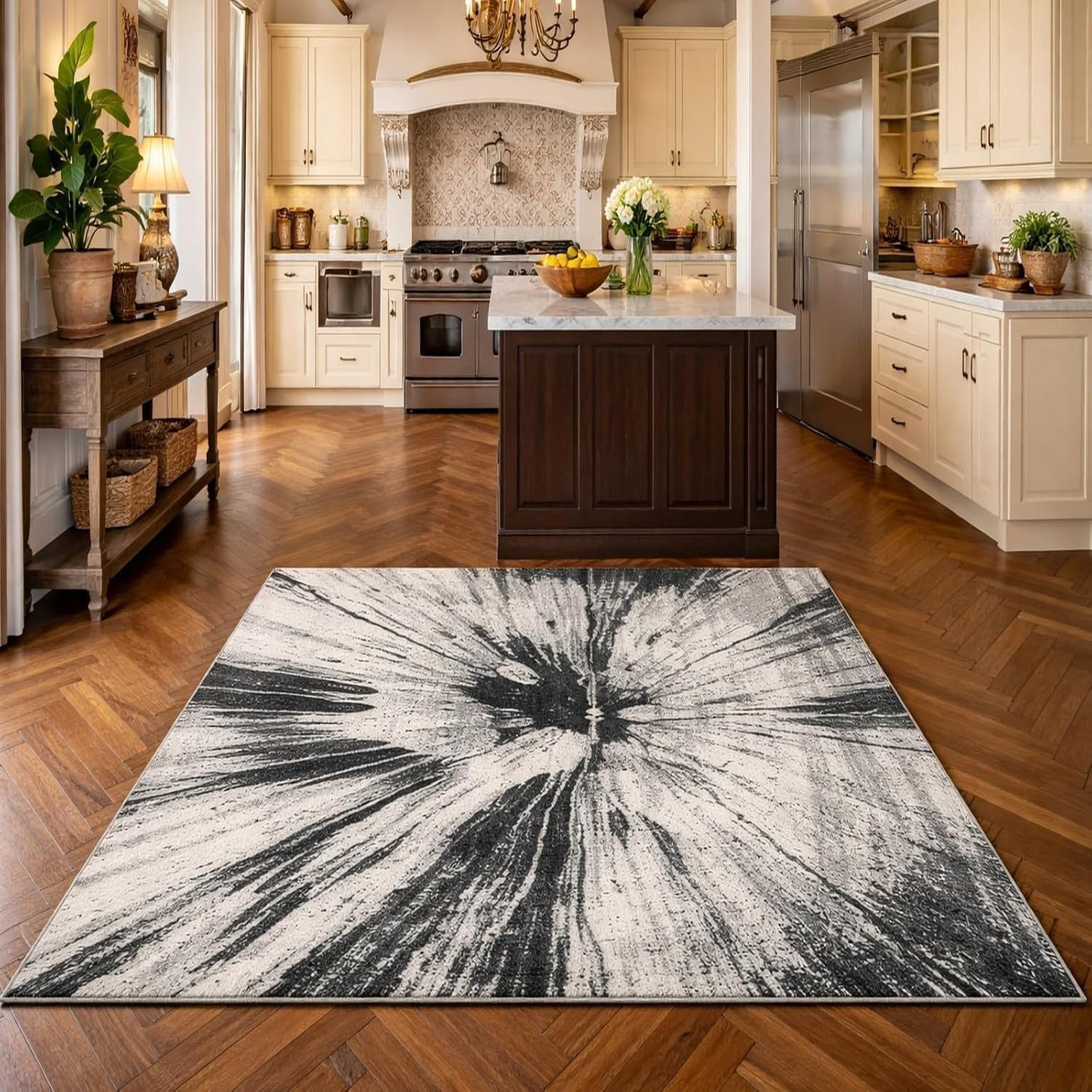 Tapis Carré Lavable Abstrait Noir Blanc Gris Grisant, Noir, 100 x 180 cm