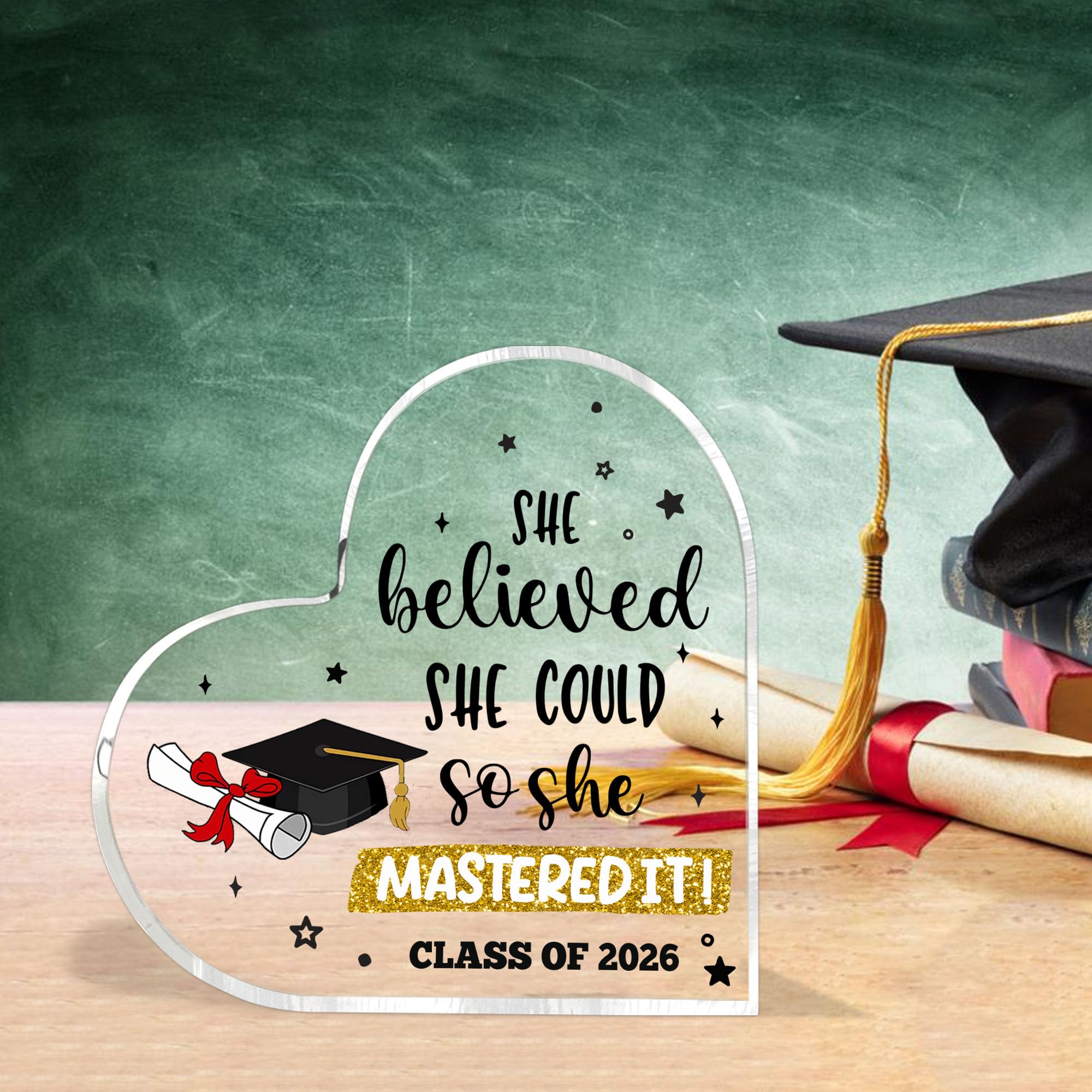 Graduate Gifts Class of 2026 Plaque, College Graduation Gifts for Her Women, Inspirational Graduation Gift, Masters Graduate Grad Keepsake for Masters Degree Heart Acrylic Paperweight, She Mastered It