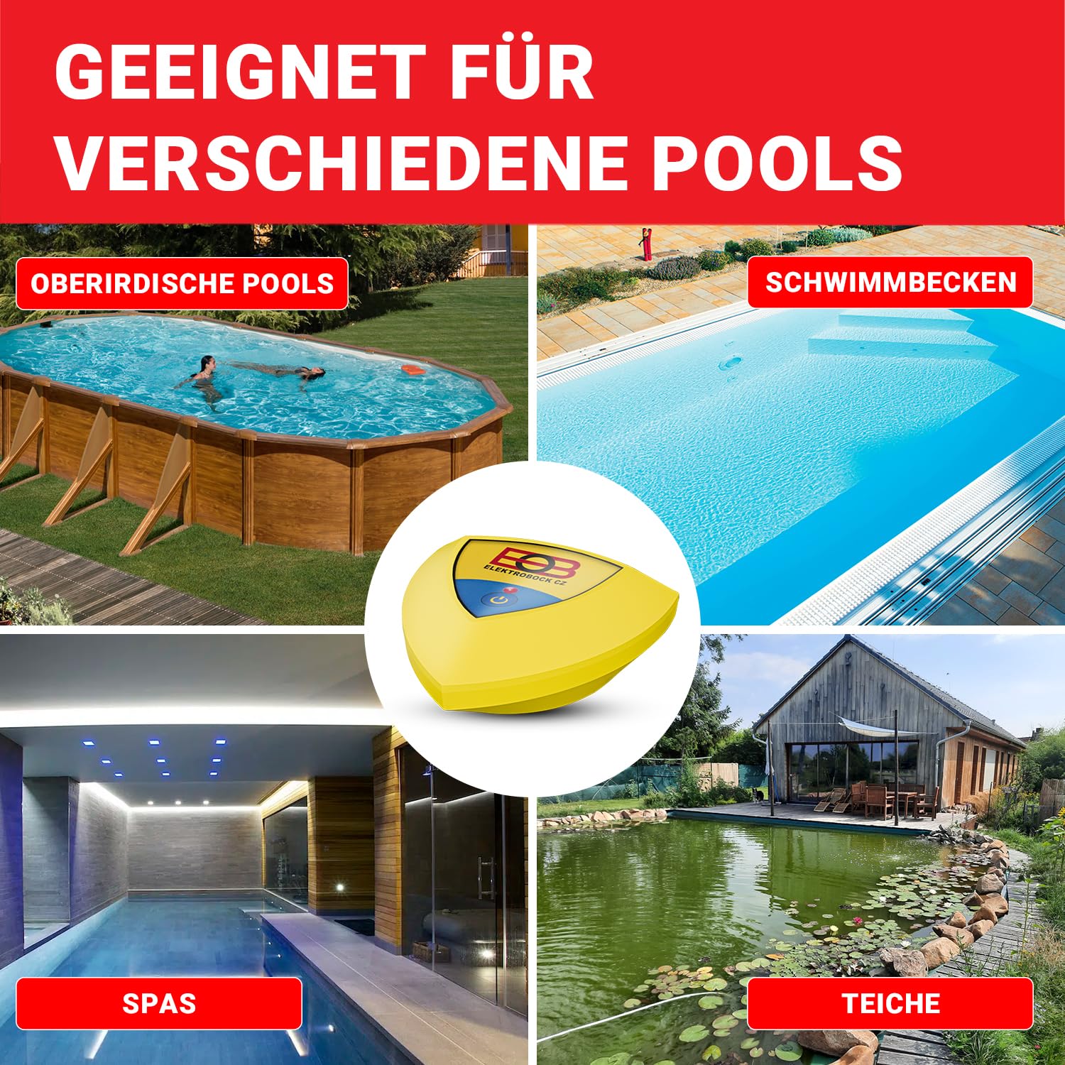 ELEKTROBOCK Pool-Alarm - Schwimmender Bewegungssensor mit 95dB Sirene | Wasser bewegt Sich - Funk-Empfänger löst Lauten Alarm aus | Einfache Installation | IP67 | für alle Pools & Aussenwasser