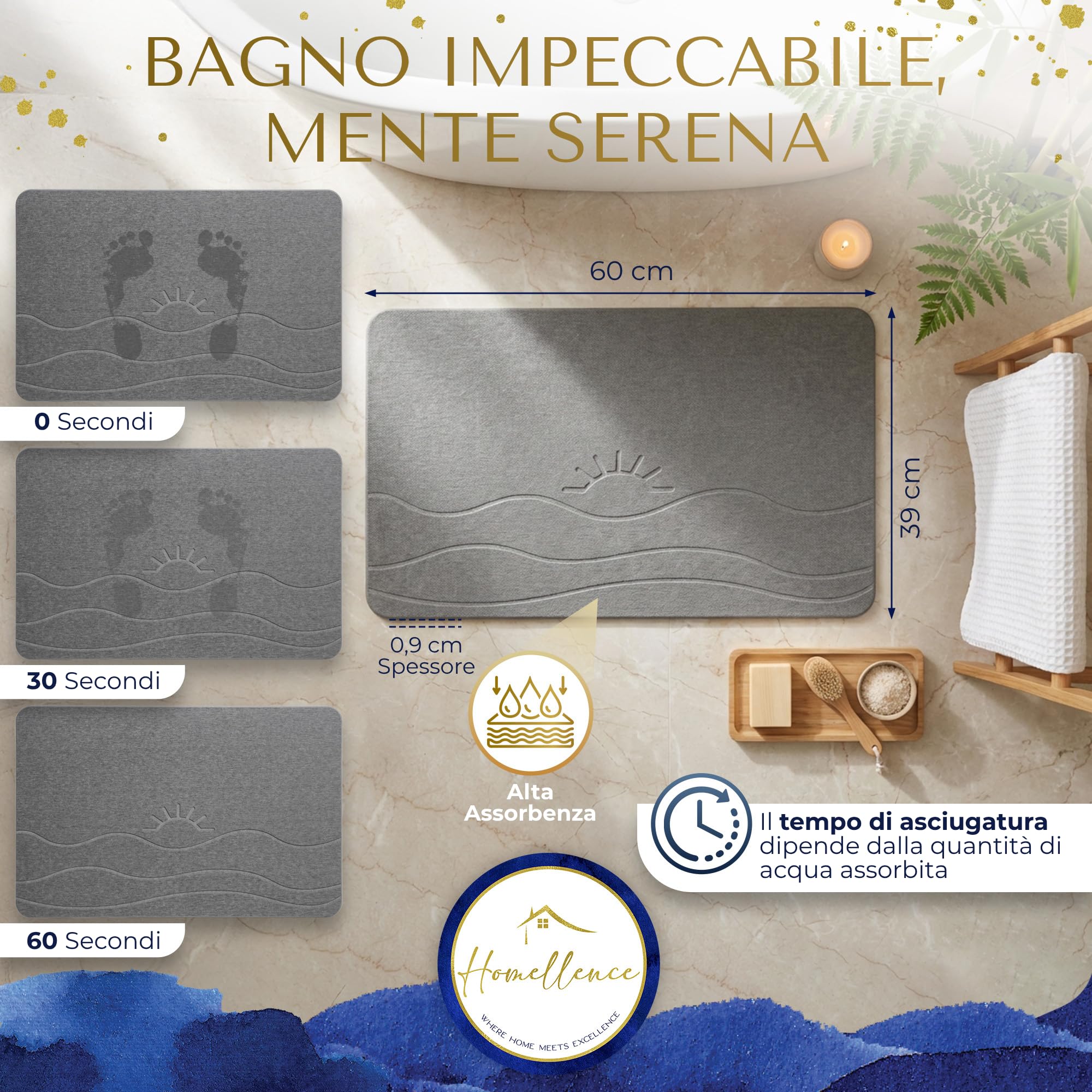 Homellence Tappeto Bagno Diatomite - Tappetino Doccia Pietra 60x39 cm | Tappeto Bagno - Tappetino Pietra Asciugatura Rapida Assorbente Antiscivolo Antibatterico - Stone Bath Mat (Solaris Aura)