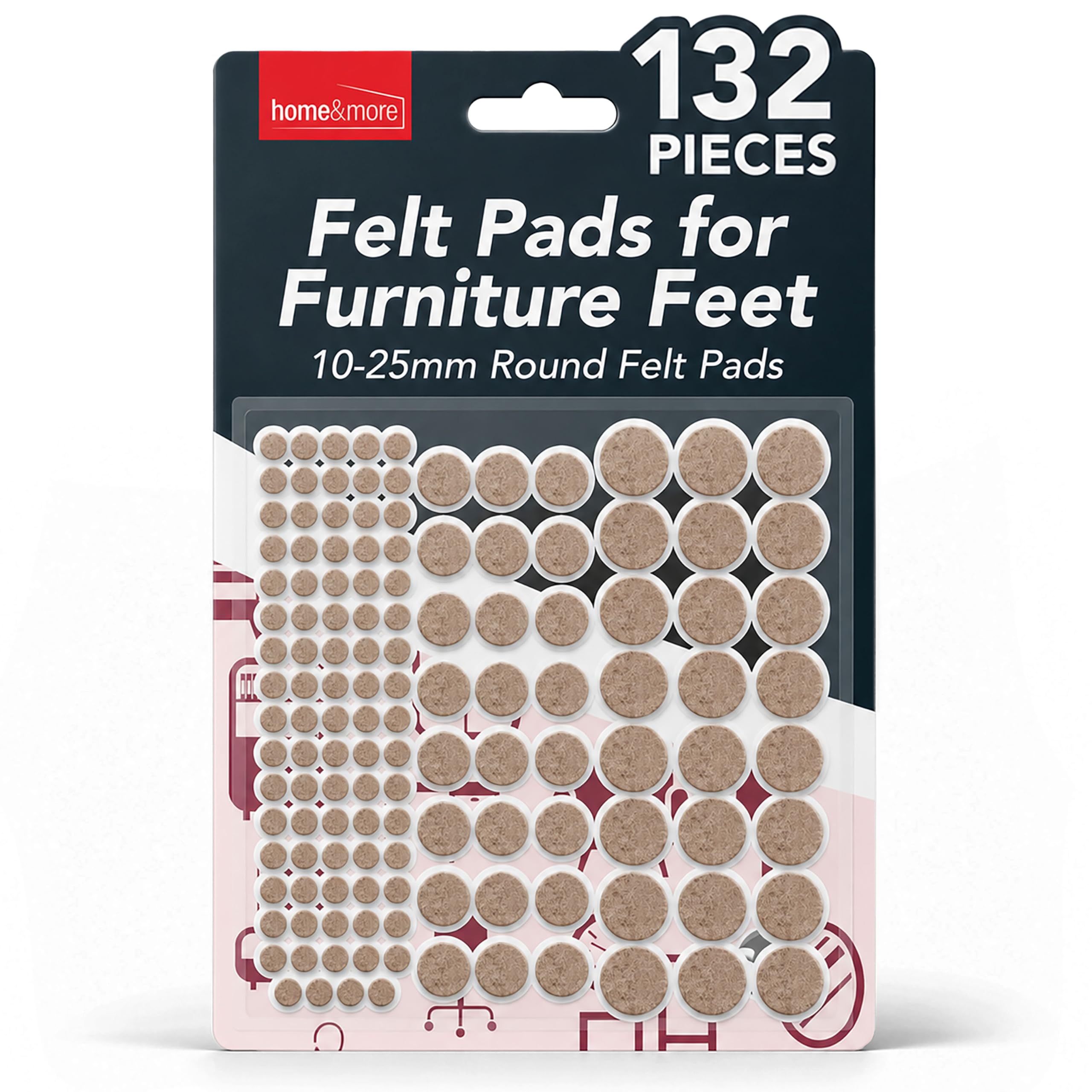 SOL 132pk Felt Furniture Pads 10-25mm Floor Protectors Chair Leg Floor Protectors Round Large Felt Pads for Furniture Feet Dining Chair Leg Cushions Self Adhesive Hardwood Laminate Tile Surfaces