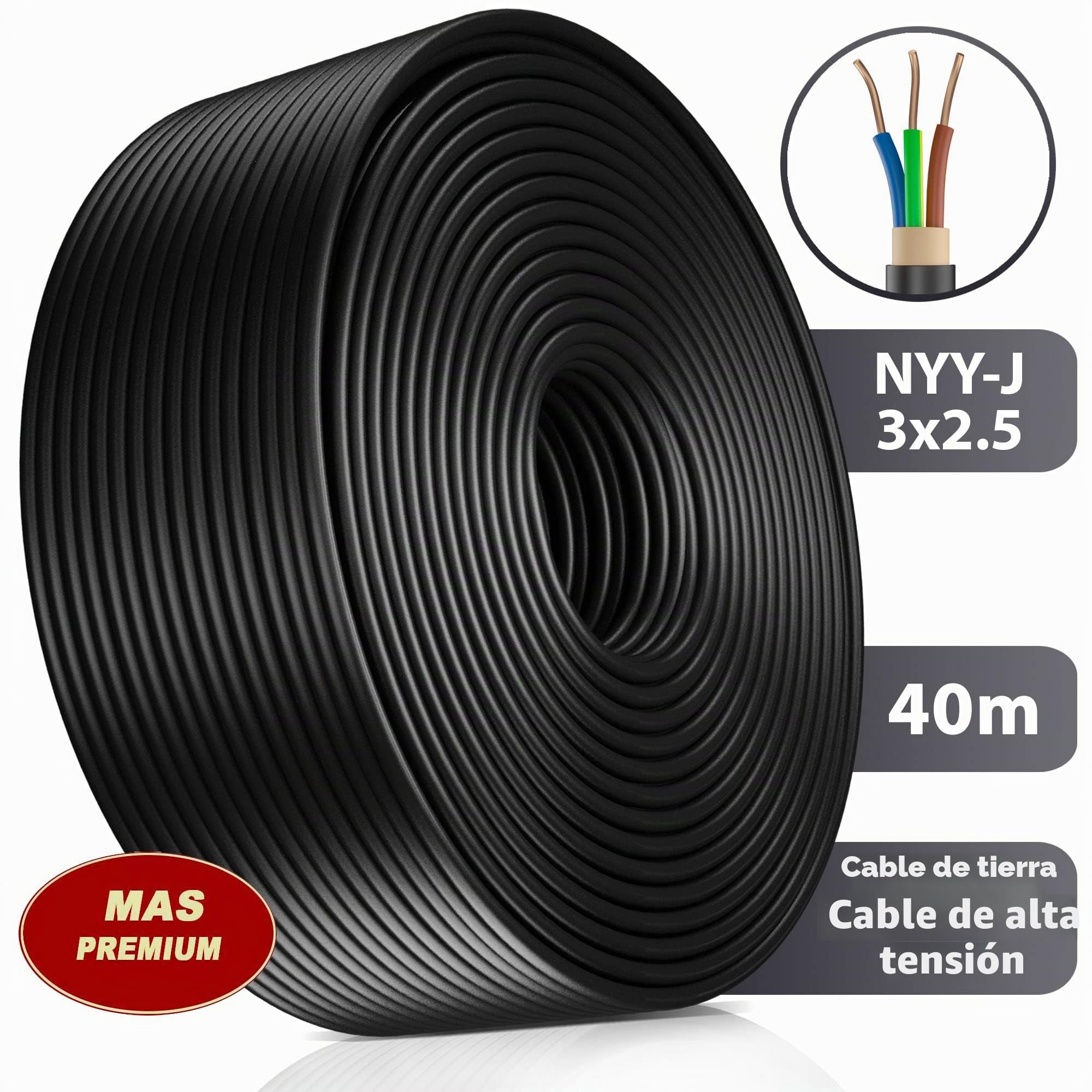 Cable de alimentación subterráneo de 5 a 100 m, NYY-J 3x2,5 mm², anillo de cable eléctrico para instalación al aire libre, tierra (40 m)