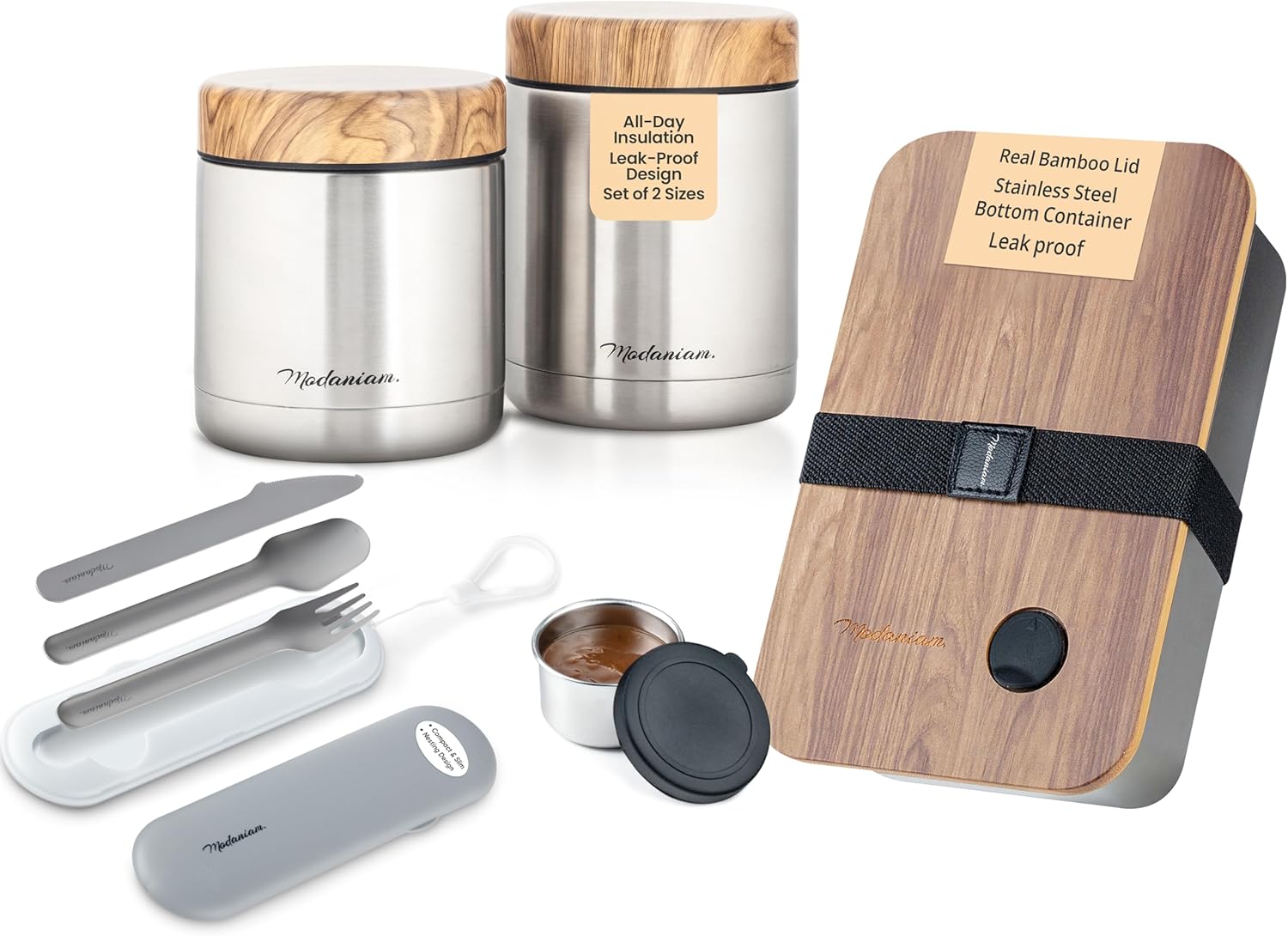 woodssilver insulated jars with Stainless steel bamboo lid bento box and portable stainless steel cutlery