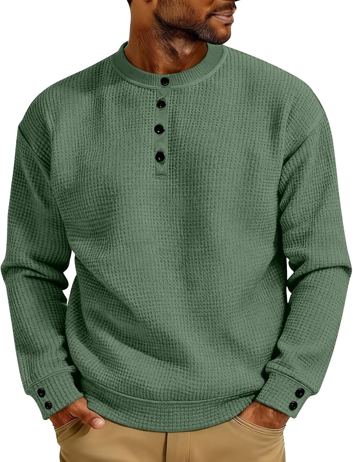 Cambkatl Waffle Knit Henley Shirts for Men Lightweight Button Up Crew Neck Long Sleeve Pullover Business Casual T-Shirt