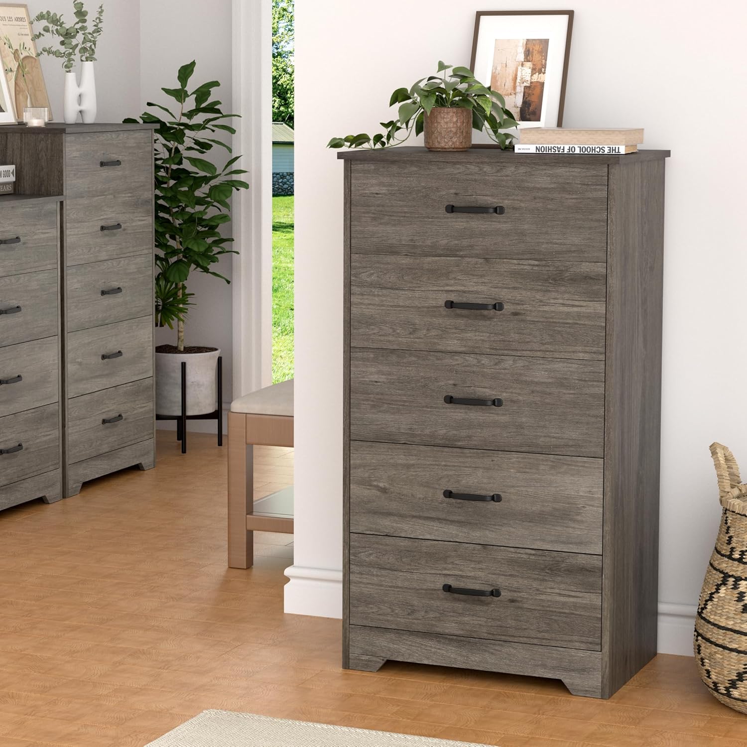 Farmhouse 5 Drawer Dresser, Wooden Chest of Drawers Classic White Dresser for Bedroom Living Room Entryway (Dark Gray, 5 Drawer)
