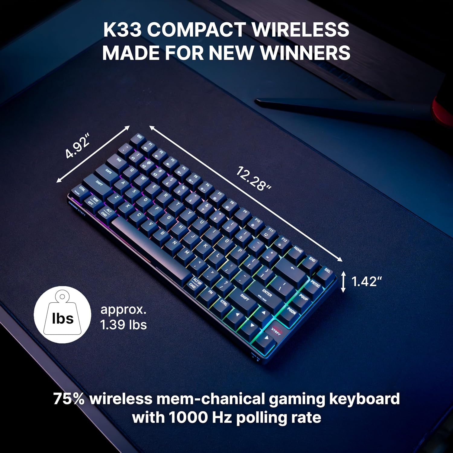 K33 Compact Wireless, 75% Mem-chanical Gaming Keyboard, Multi Device, Bluetooth, 2.4 GHz & Wired Mode, RGB-Lighting, IP54 Dust & Splash-Resistant (Black)