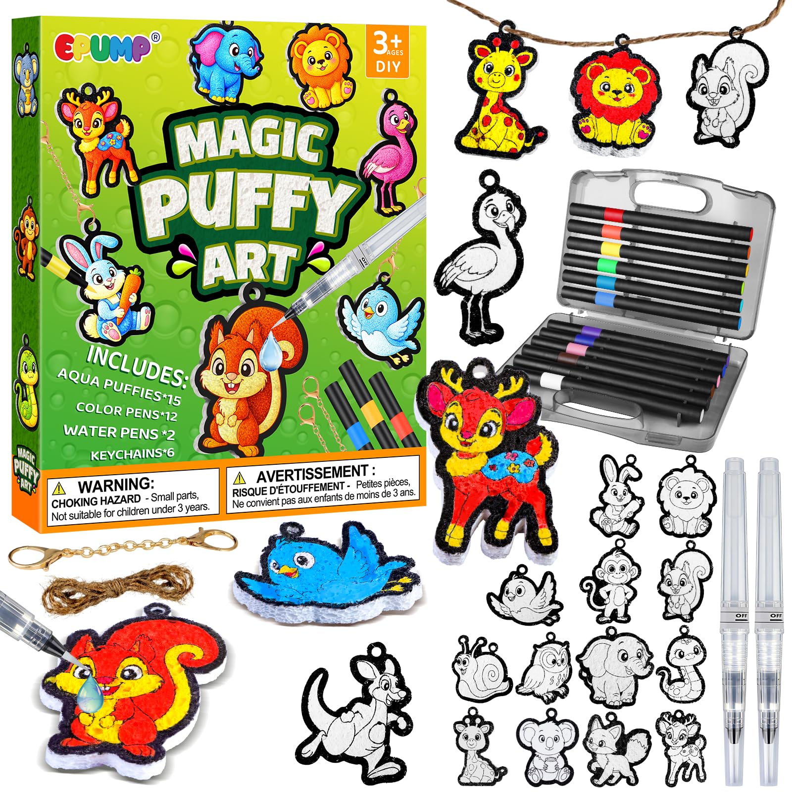 EPUMP 15Pcs Animal Puffy Art Craft Kits for Kids, 3D Magic Foam Texture Painting Art Kit with 12 Colour Pens, DIY Colouring Arts and Crafts for Boys Girls Age 3 4 5 6
