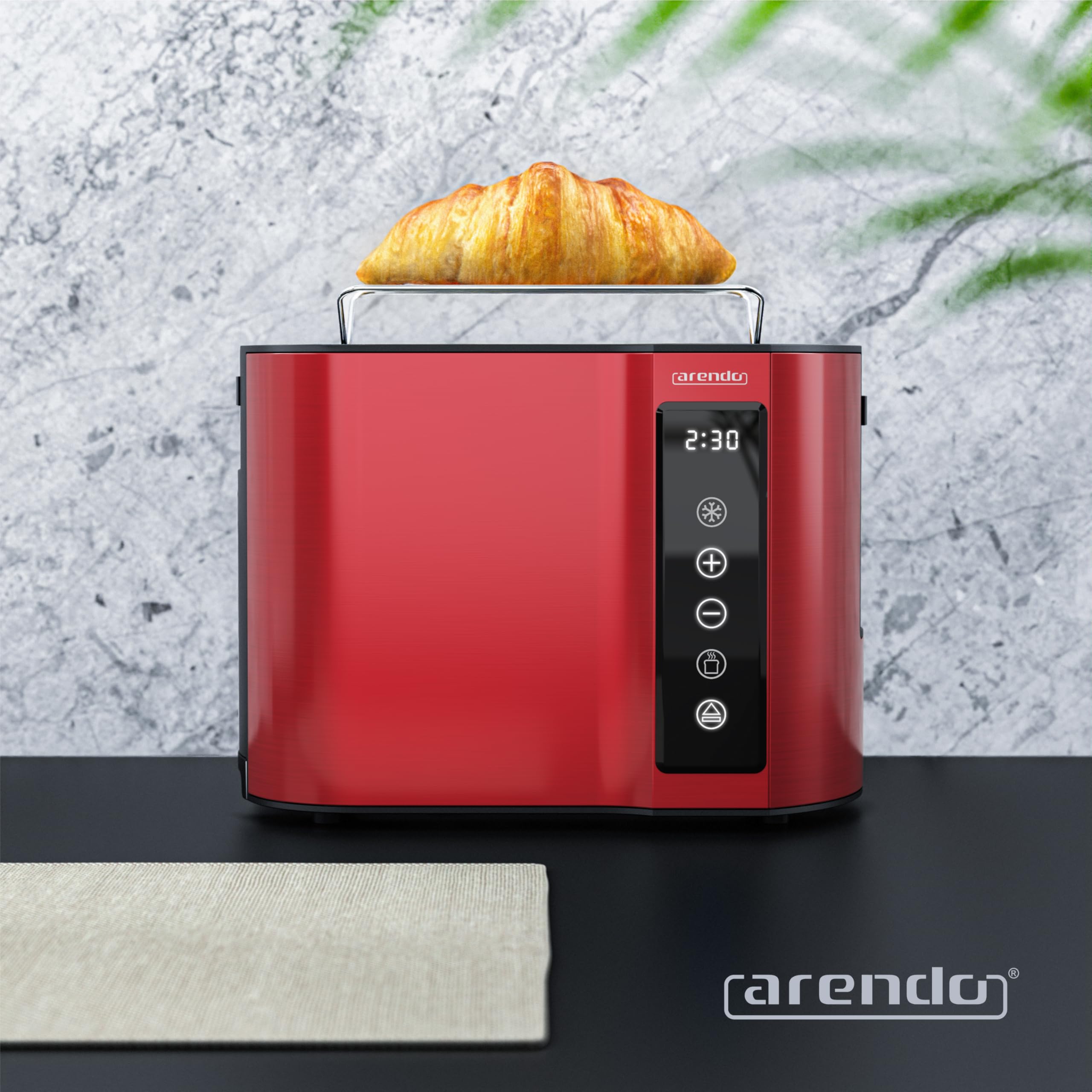 Arendo - Touch Toaster 2 Scheiben Edelstahl - Touchpanel - digital Display Restzeitanzeige - 800 W – Doppelwandgehäuse – mit Brötchenaufsatz – 7 Bräunungsgrade – Brotscheibenzentrierung - Rot