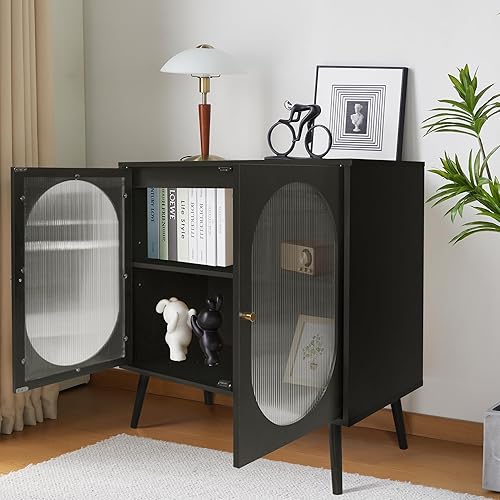 Miniatura 7 de PHOYAL Aparador de buffet, armario de almacenamiento moderno con 2 puertas y estantes ajustables para cocina, sala de estar, pasillo, color negro