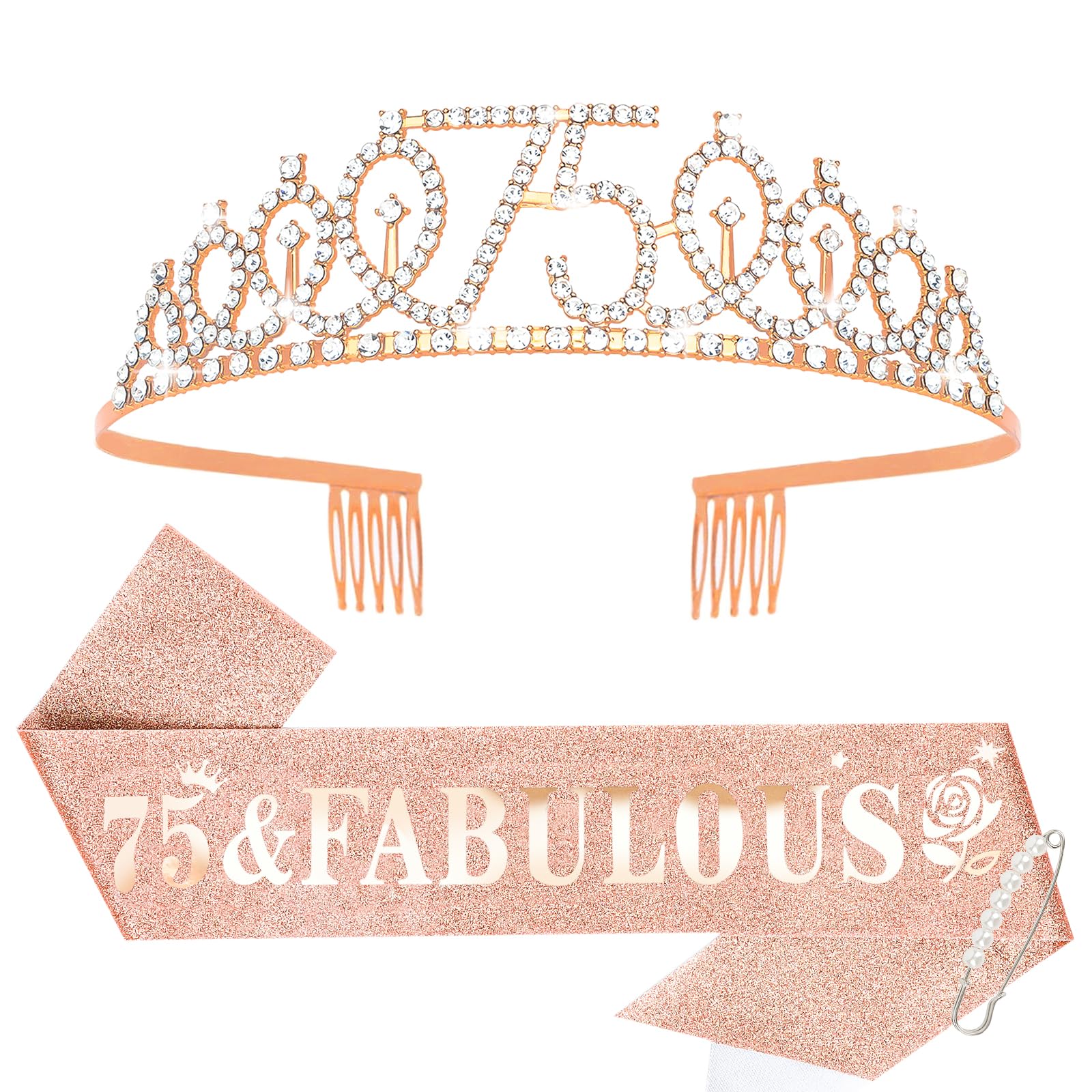 Casoty Rose Gold 75th Birthday Sash and Tiara, 75th Birthday Party Decorations for Women 75 & Fabulous Sash and Crown Set, Party Supplies Favors for