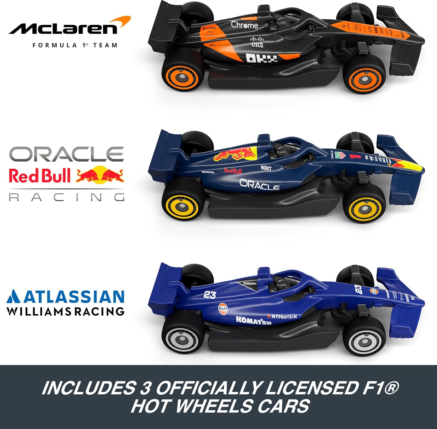 Hot Wheels Track Set & 1:64 Scale McLaren Formula 1 Team, Oracle Red Bull Racing & Atlassian Williams Racing Toy Cars, Sprint Race Circuit