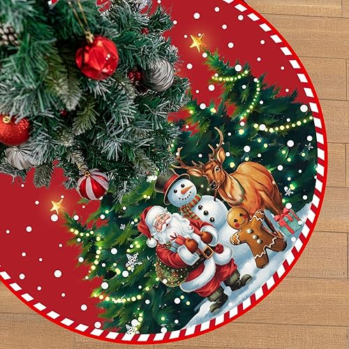 Miniatura 3 de Falda de árbol de Navidad, 48 pulgadas, falda roja de árbol de Navidad, falda de árbol de Navidad de Papá Noel y muñecos de nieve, tapete grande de