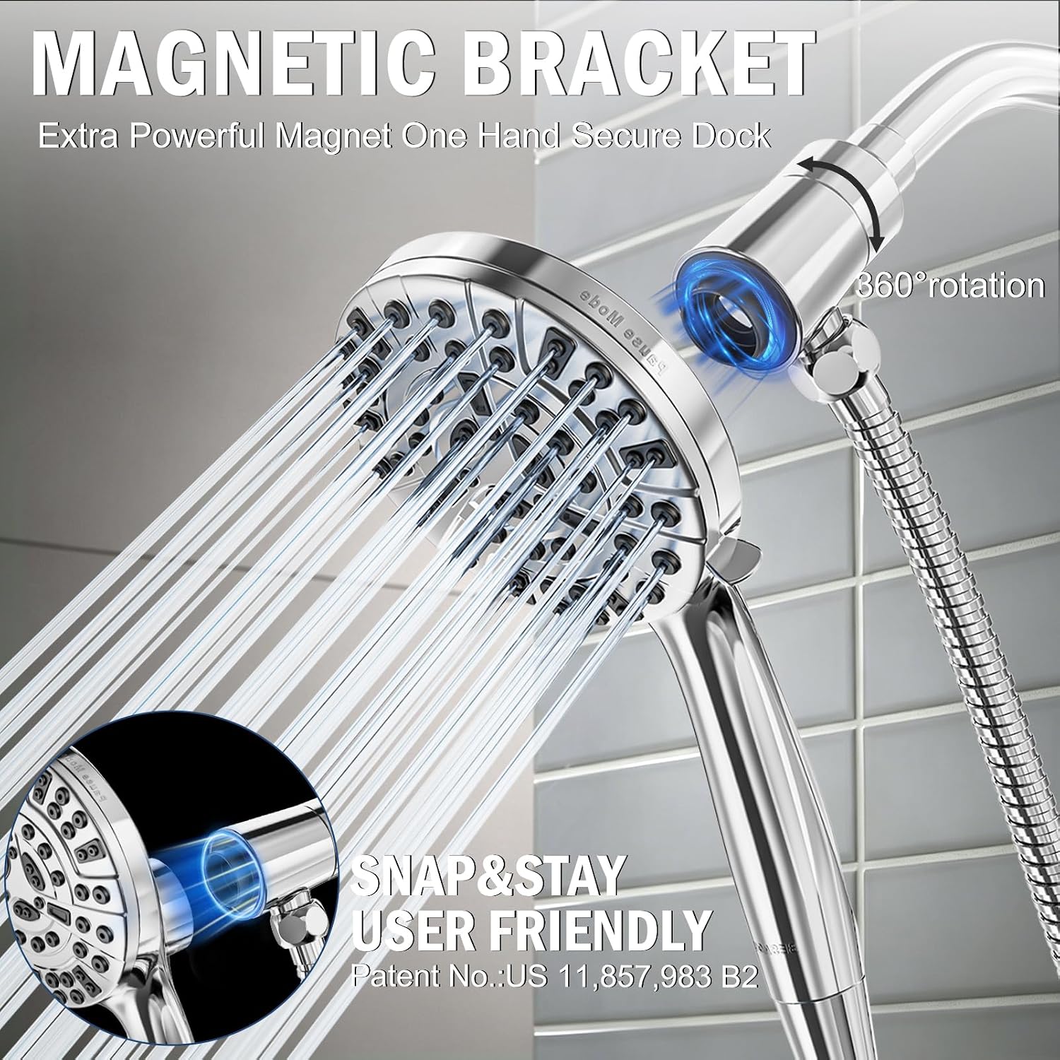 9 Settings High Pressure Magnetic Shower Head with Handheld | Power Wash for Tub&Tile, Magnetic Bracket, Pause Mode for Water Saving, Easy Clean Nozzles, 6ft Hose, Premium Chrome