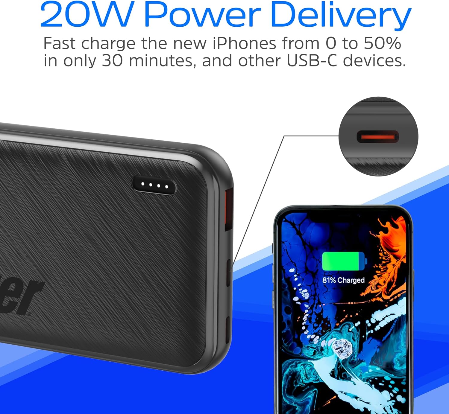Energizer UE10055PQ power bank with an iPhone charging via USB-C, showing 20W Power Delivery fast charging.