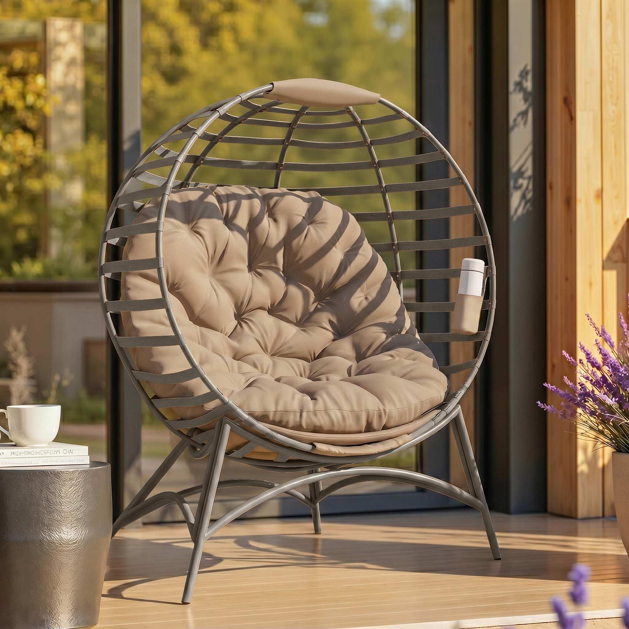 Outsunny Papasansessel mit Kissen Faltbar 118 x 77 x 139 cm Sandbraun | Gartenstuhl, Korb-Stuhl Oval, Loungesessel, Korbsessel Outdoor, für Balkon Terrasse Indoor, Stahl
