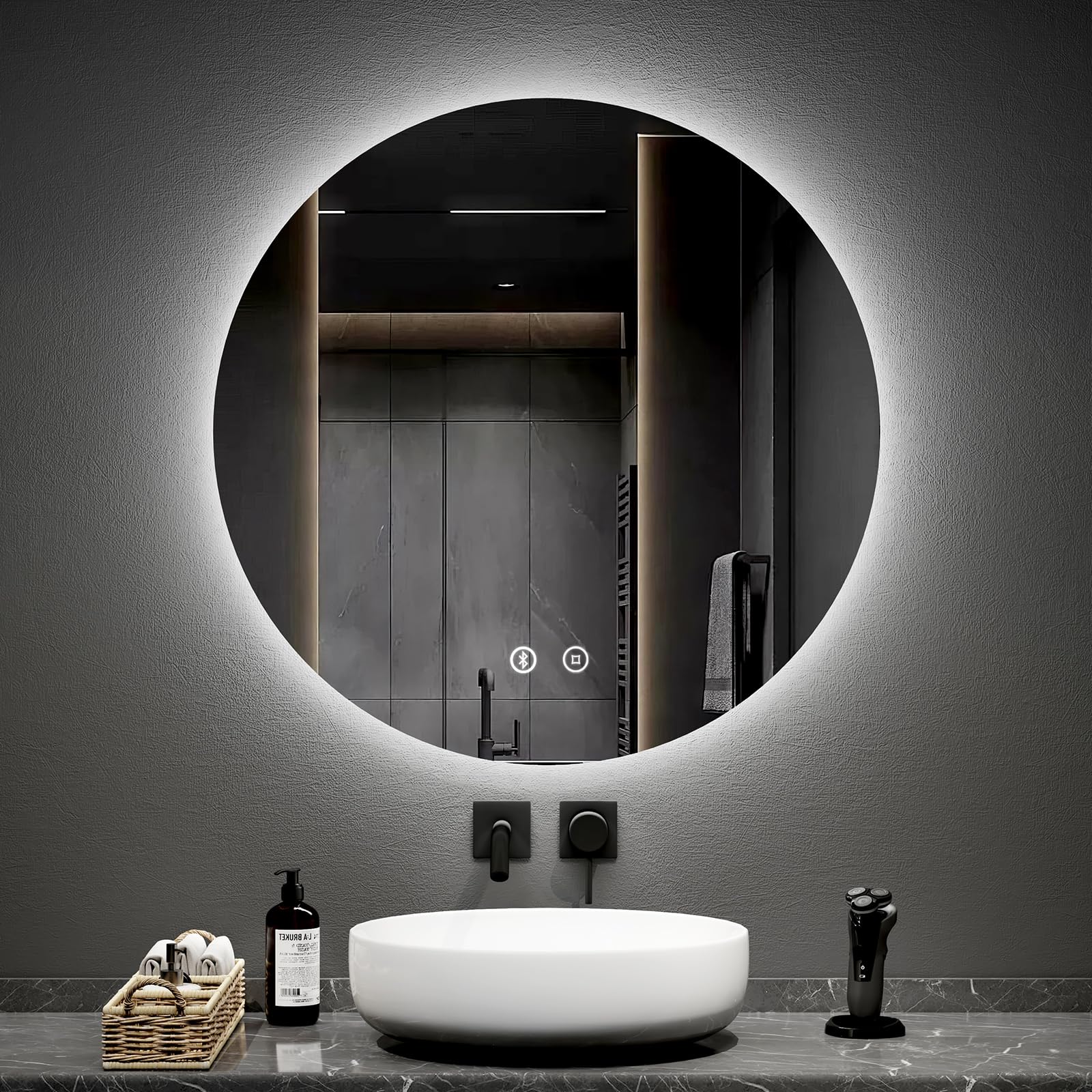 EMKEBluetooth Round Bathroom Mirror with Led Lights, 50CM Illuminated Frameless Wall Mounted Vanity Mirror with Touch, Demister, Bluetooth, Memory Function with Dimmable Brightness