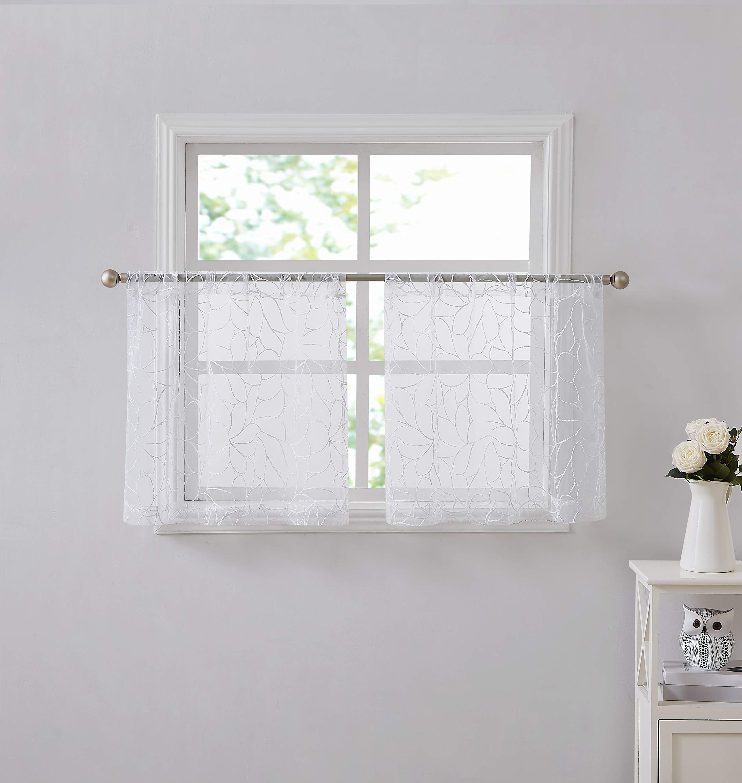 LinenZone Embroidered Voile Sheer Curtains - Set of Two Tiers - Pole Pockets with Contemporary Design - for Living Room - Kitchen - Dining Rooms (2 Tiers 30 X 45, White)