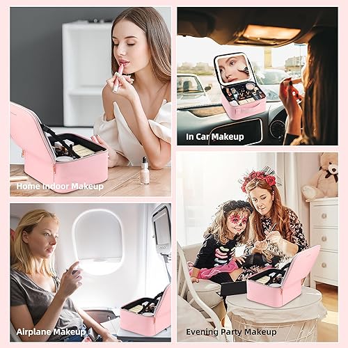 Miniatura 6 de Estuche de tren de maquillaje con brillo ajustable de 3 colores, espejo LED, estuche de viaje para cosméticos, divisores ajustables, bolsa de aseo