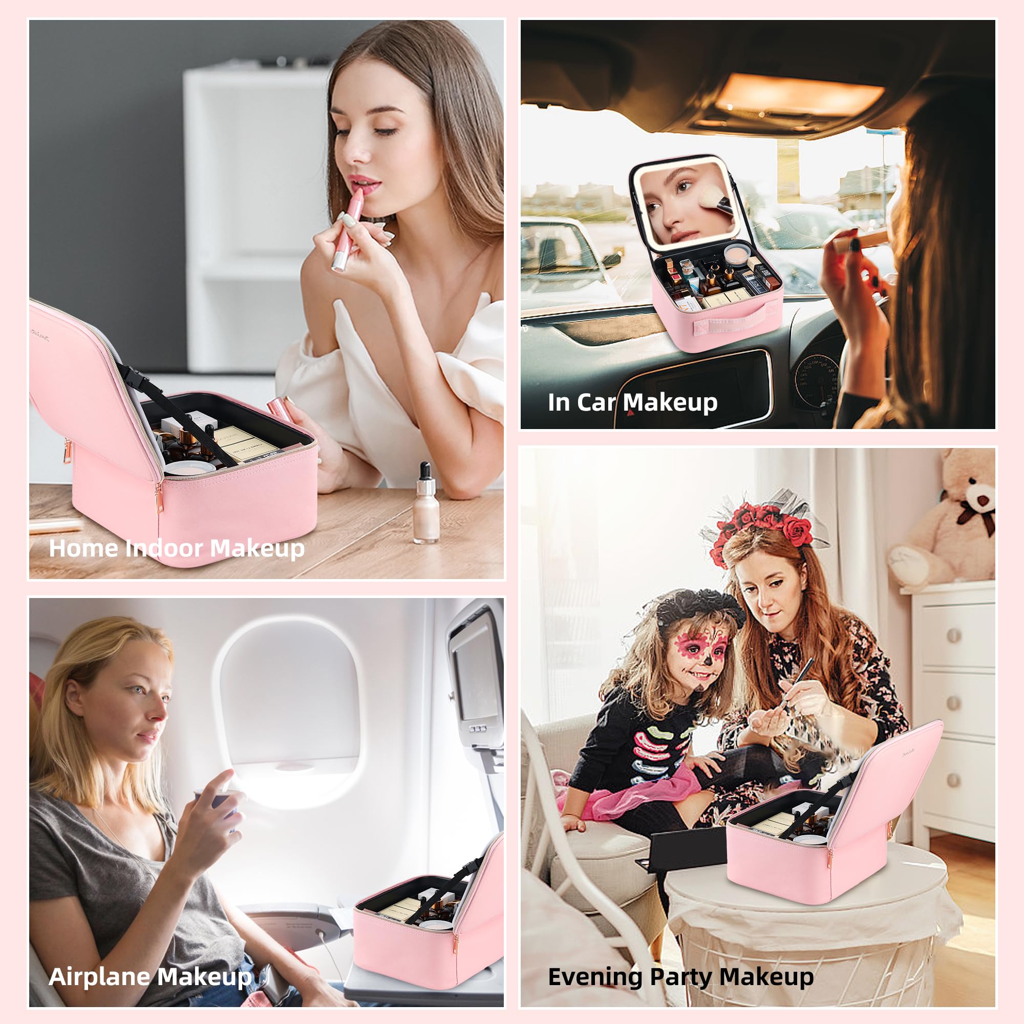 Travel Makeup Bag with LED Mirror – Waterproof Cosmetic Train Case with Adjustable Dividers, Portable Makeup Organizer and Toiletry Bag for Women, Teens & Girls Gift, BagCosPink, Cosmetic Bag With Led 4