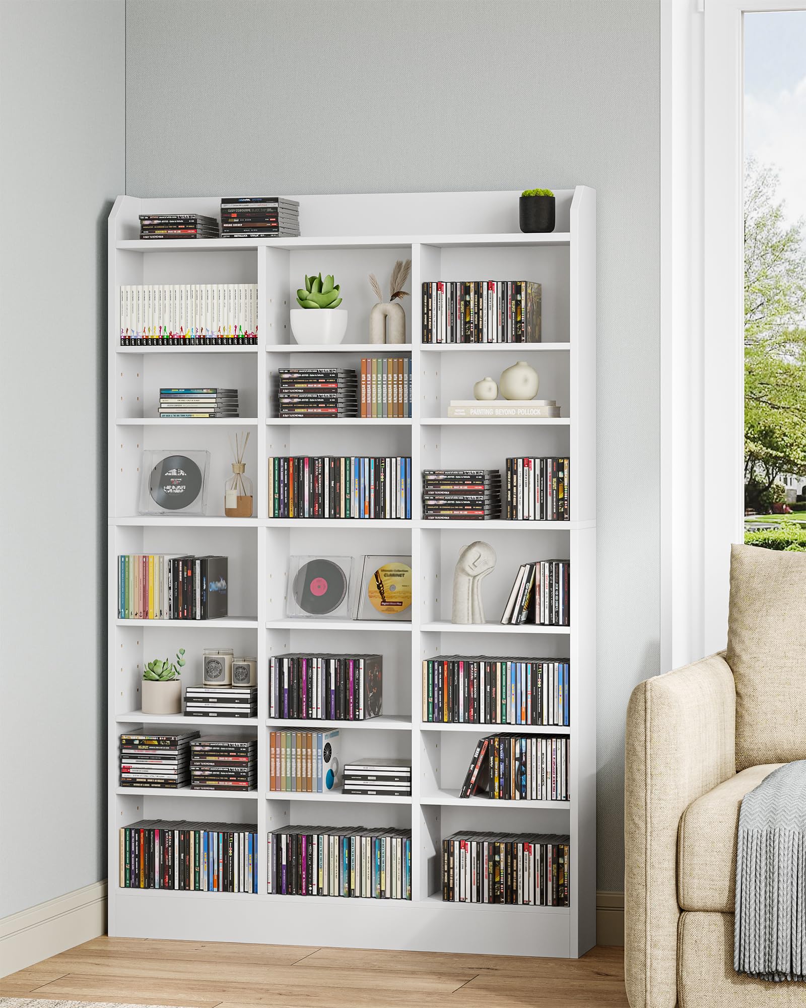 Hzuaneri Étagère Bibliothèque, Rangements pour CD et DVD 8 Niveaux, Meuble de Rangement multimédia, Armoire de Rangement CD pour 747 CDs pour Le Salon, Bureau, 17 x 100 x 154,5 cm, Blanc CR18003X
