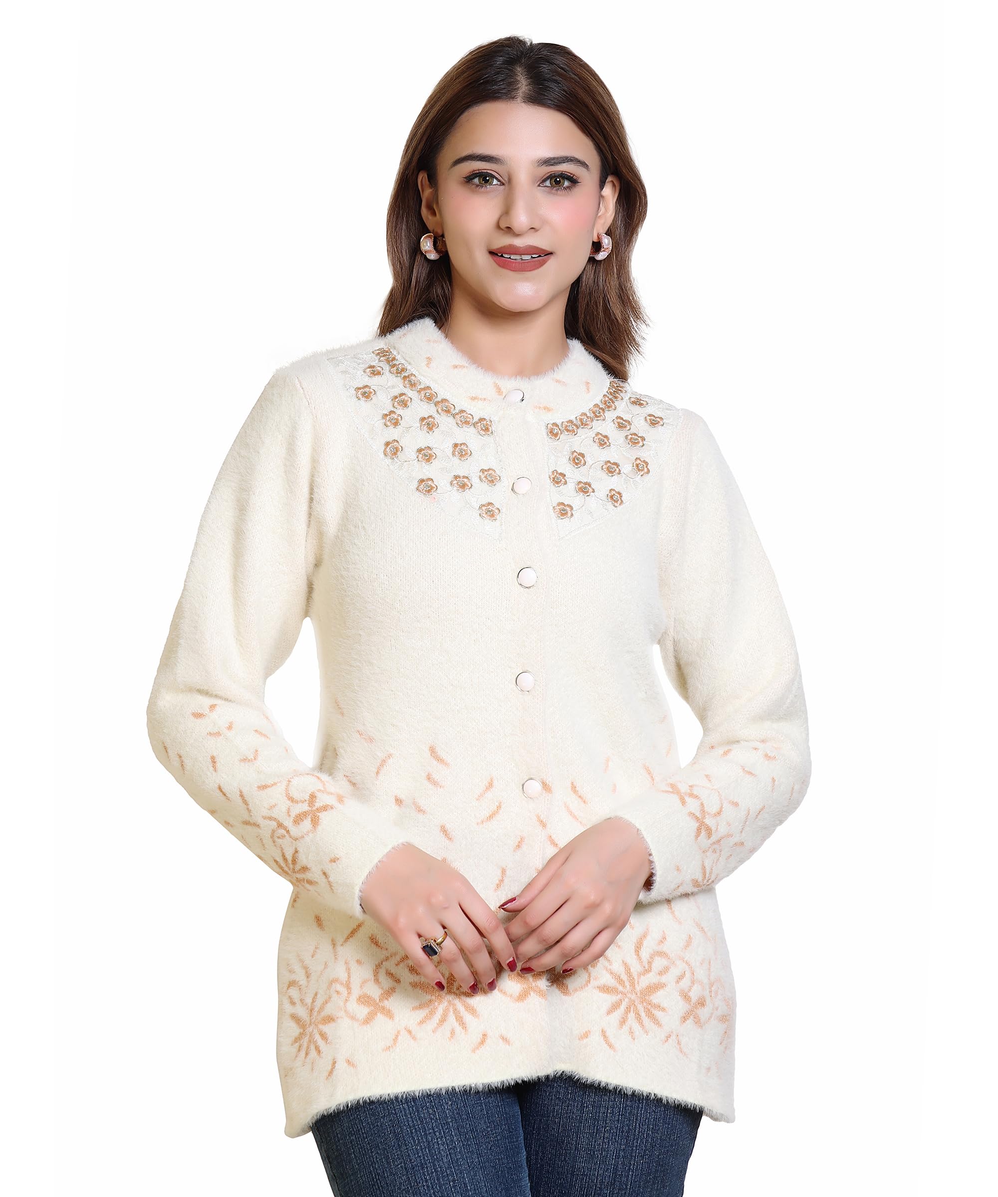 Womens Cardigans Full Sleeve, Button Closure, Round Neck, Cream Womens Sweater-image-29