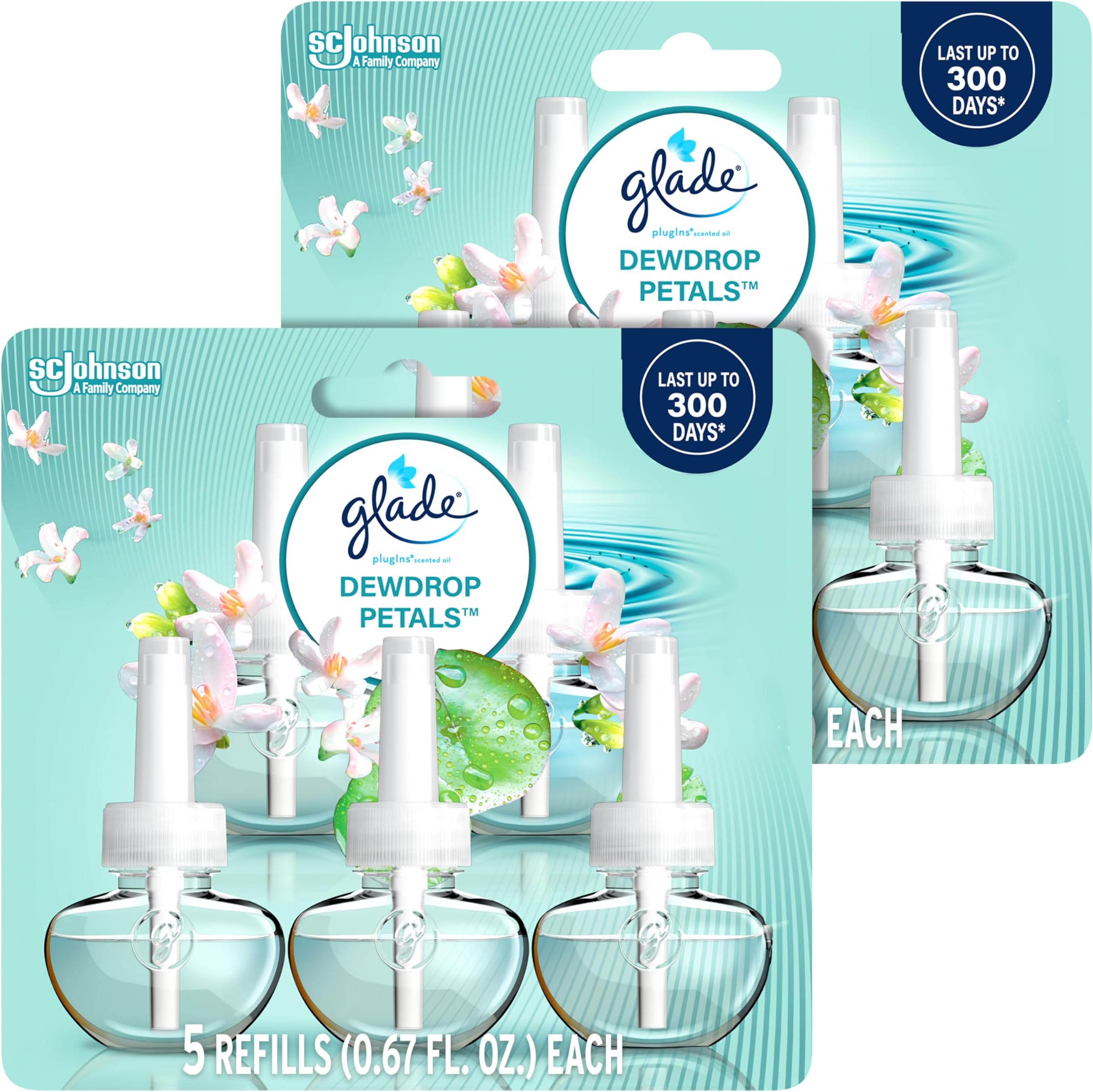 Glade PlugIns Air Freshener, Dewdrop Petals, Essential Oils | Refills | 0.67 Fl Oz | 5 Count | Pack of 2