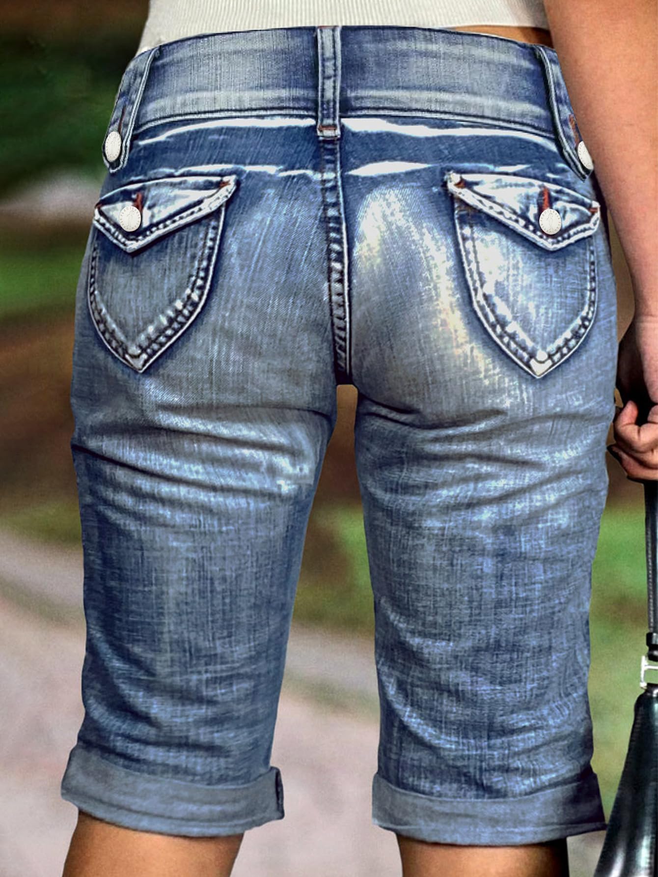 Flamingals Capri-Cargo-Jeans für Damen, mittlere Taille, dehnbar, Sommer, Skinny Wash, Pattentasche, Denim-Hose