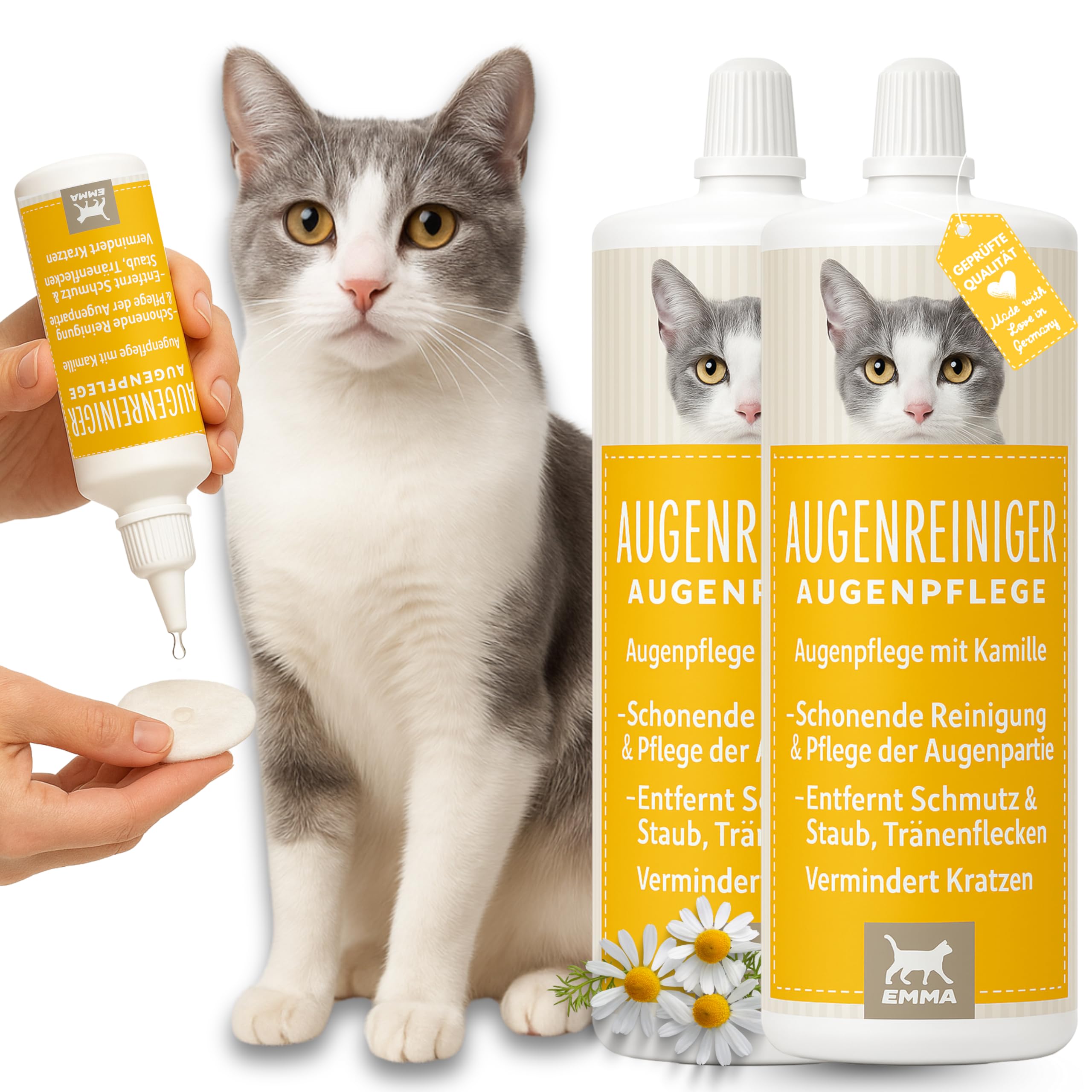 EMMA Augentropfen Katze 2x100ml I Augenreiniger Tränenfleckenentferner mit Kamille I Augenpflege bei tränenden gereizten Augen I Tränensteinentferner Hund Katze I Sanfte Augenreinigung für Tiere