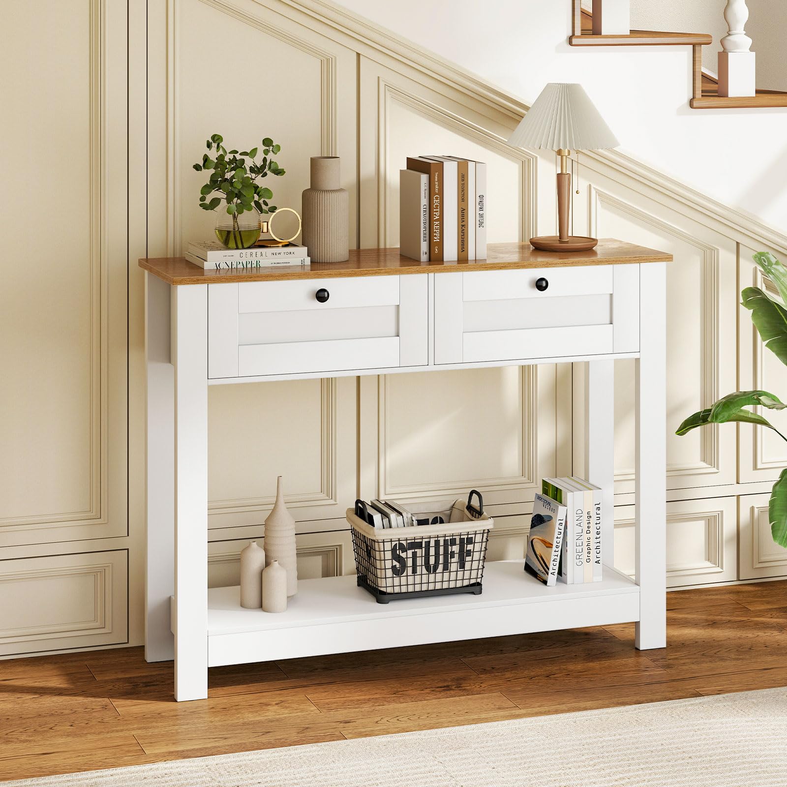 LIFEZEAL Tavolo Consolle, Console Bianca in Legno, Tavolo d’Ingresso a 2 Ripiani, con 2 Cassetti, Antiribaltamento, Moderno, Corridoio, Entrata, Soggiorno, Dietro Divano, Max 80 kg, 106x30x81,5 cm