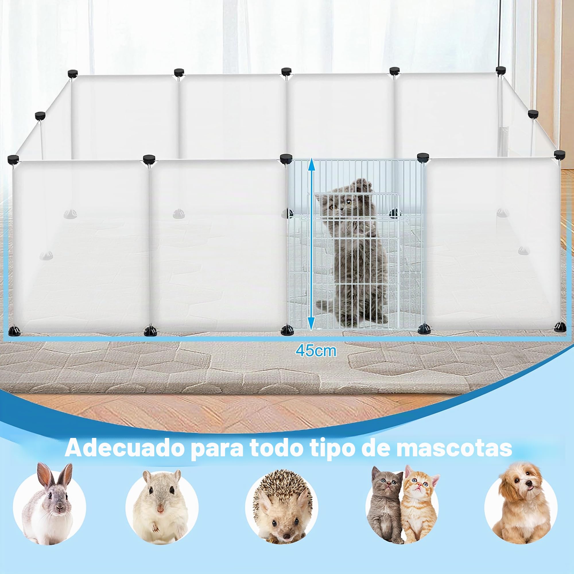 Recinto de malla metálica para animales pequeños, para conejos, cachorros, gatitos, hámsteres, cobayas, roedores, transparentes, 145 x 75 x 48 cm