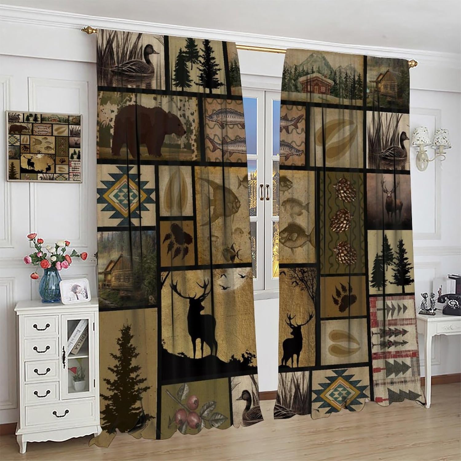 Vintage Deer Bear Curtains, Fish Retro Farmhouse Cabin Lake Country Lodge Thermal Insulated Window Treatments for Bedroom Kitchen Living Room Drapes 2 Panels 84x84 Inch