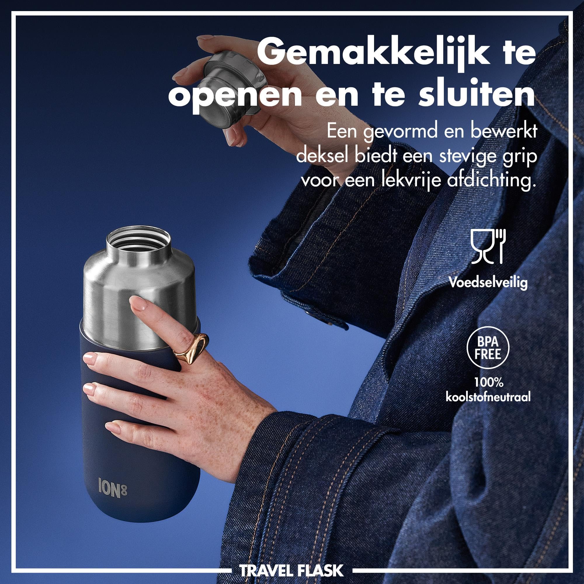 ION8 Vacuüm Geïsoleerde ThermoShield Fles voor Heet of Koud Drinken, Grote Geïsoleerde Mok, Capaciteit van 2 Kopjes, Magnetische Dop en Zachte Onderkant - Stijlvol en Milieuvriendelijk, Marienblauw