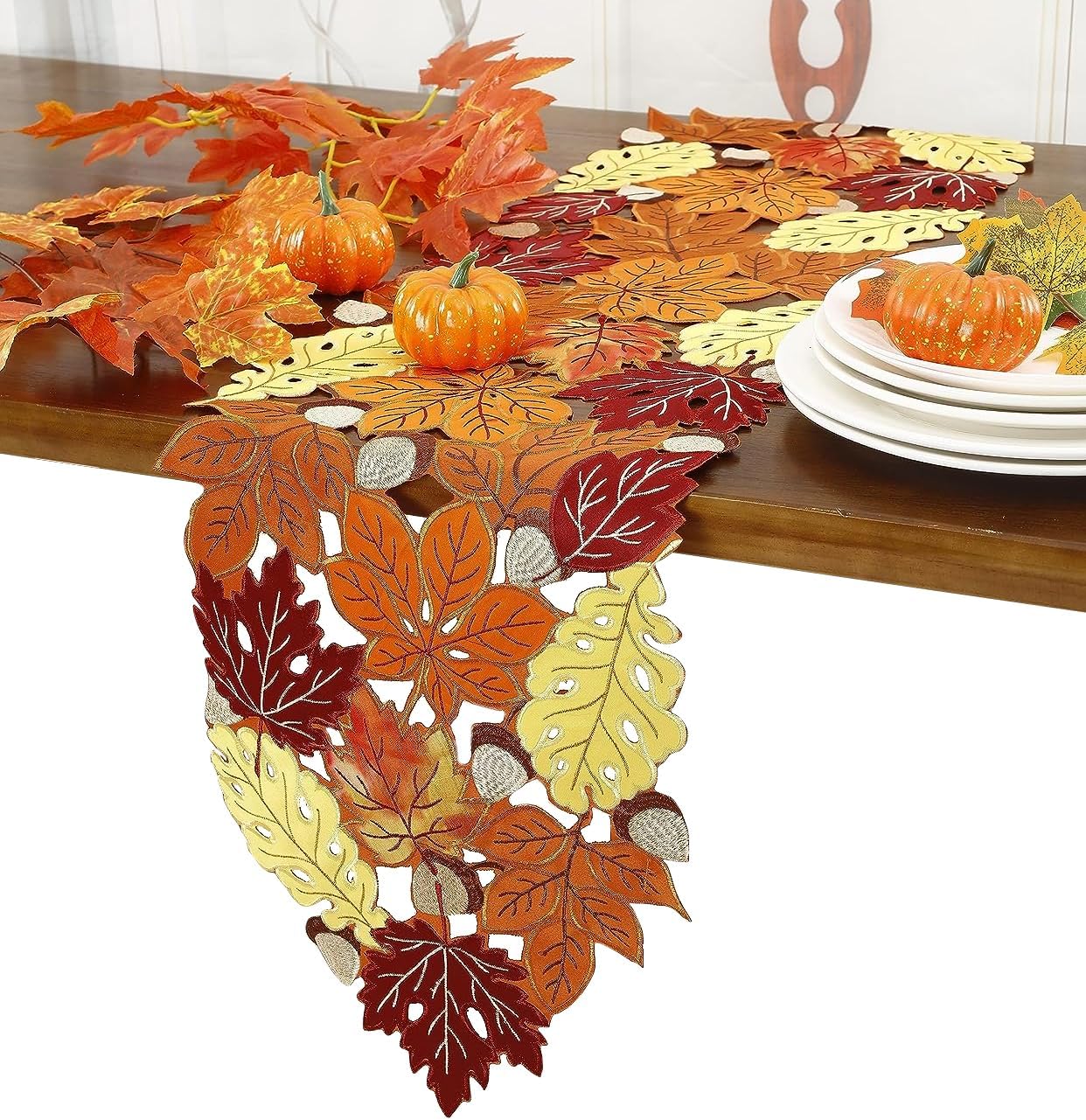 GRANDDECO Fall Thanksgiving Table Runner Orange Maple Leaves Harvest Autumn Holiday Party Dinner Seasonal Decoration (A-Fall and Thanksgiving, 14"X84")