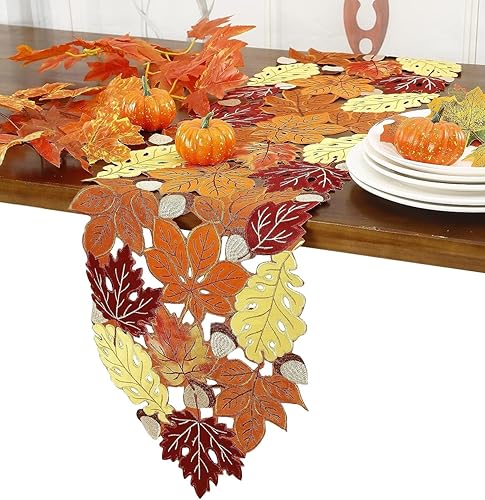Miniatura 6 de GRANDDECO Camino de mesa de otoño de Acción de Gracias, hojas de arce naranja, cosecha, otoño, vacaciones, fiesta, cena, decoración de temporada