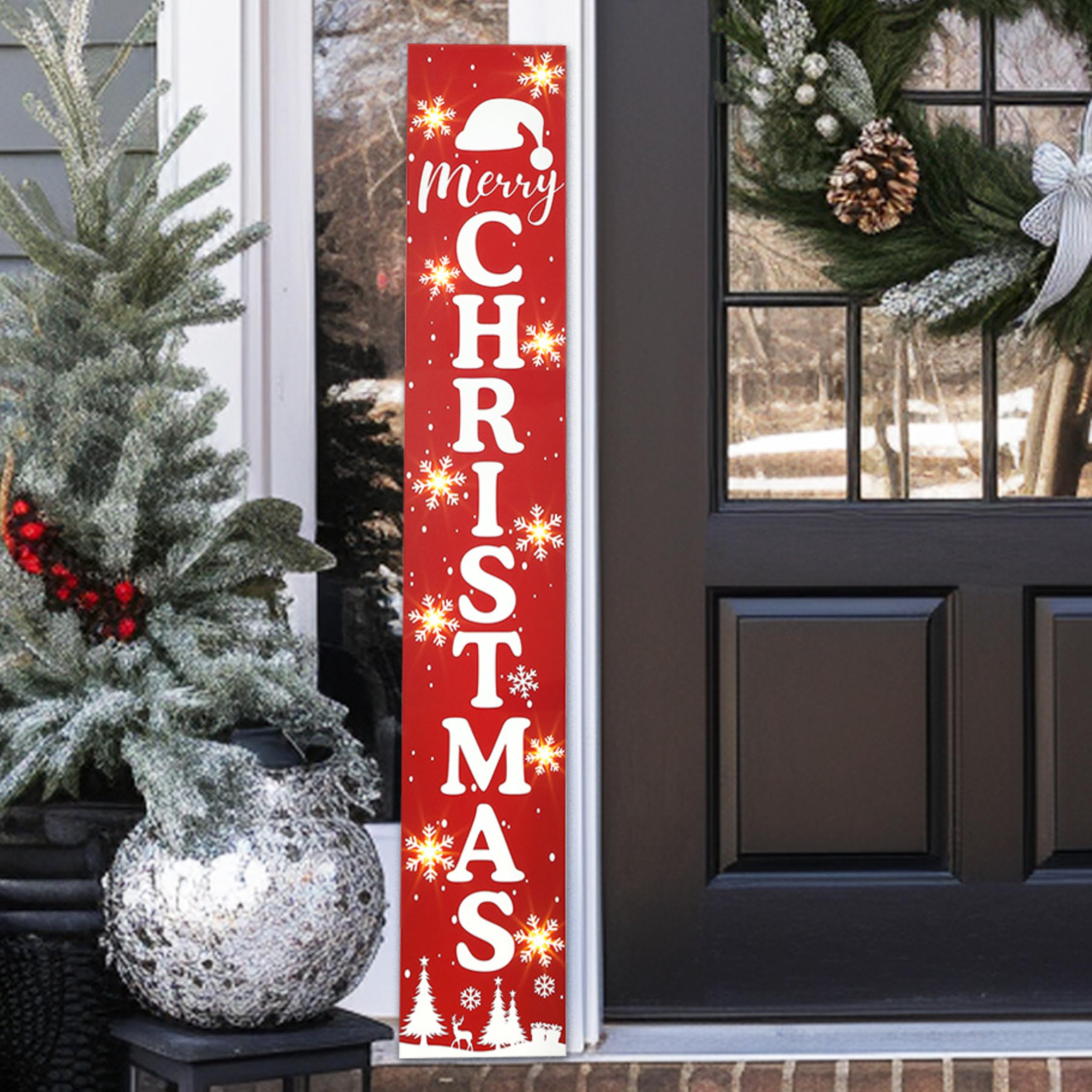 Perfnique Lighted Merry Christmas Sign, 120cm Illuminated Welcome Porch Sign for Front Door, Wooden Hanging Yard Signs Standing Xmas Decor