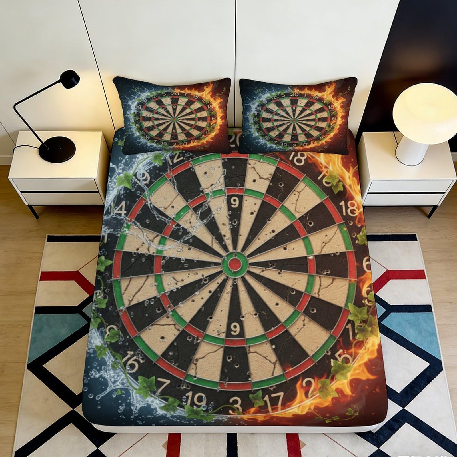 3D Printed Fire and Water Dartboard Fitted Sheet Microfiber Soft Breathable Dart Design Mattress Cover for Bedroom Dormitory Guest Room Mattress Protection 90x200x25cm