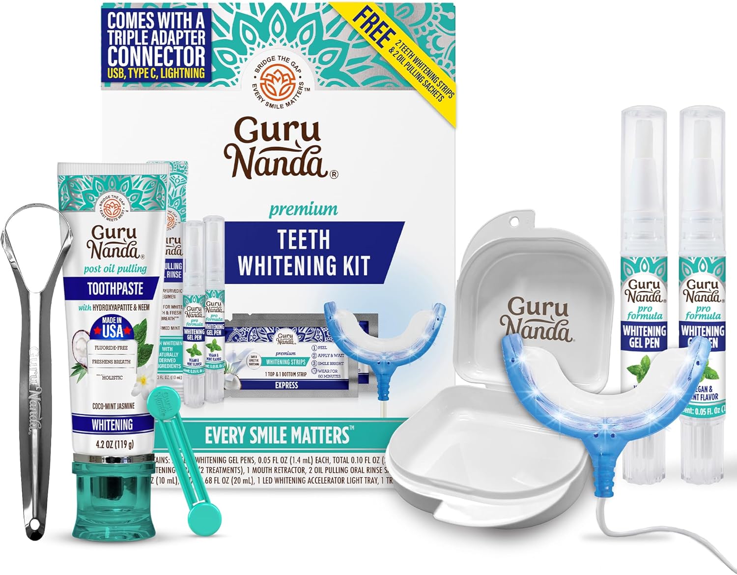 GuruNanda Complete Whitening Care Bundle – Wired LED Whitening Kit & Hydroxyapatite Toothpaste for Brighter Teeth, Fresh Breath, and Effective at-Home Oral Care