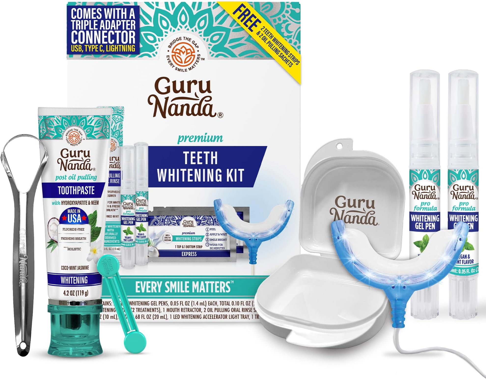 Complete Whitening Care Bundle – Wired LED Whitening Kit & Hydroxyapatite Toothpaste for Brighter Teeth, Fresh Breath, and Effective at-Home Oral Care