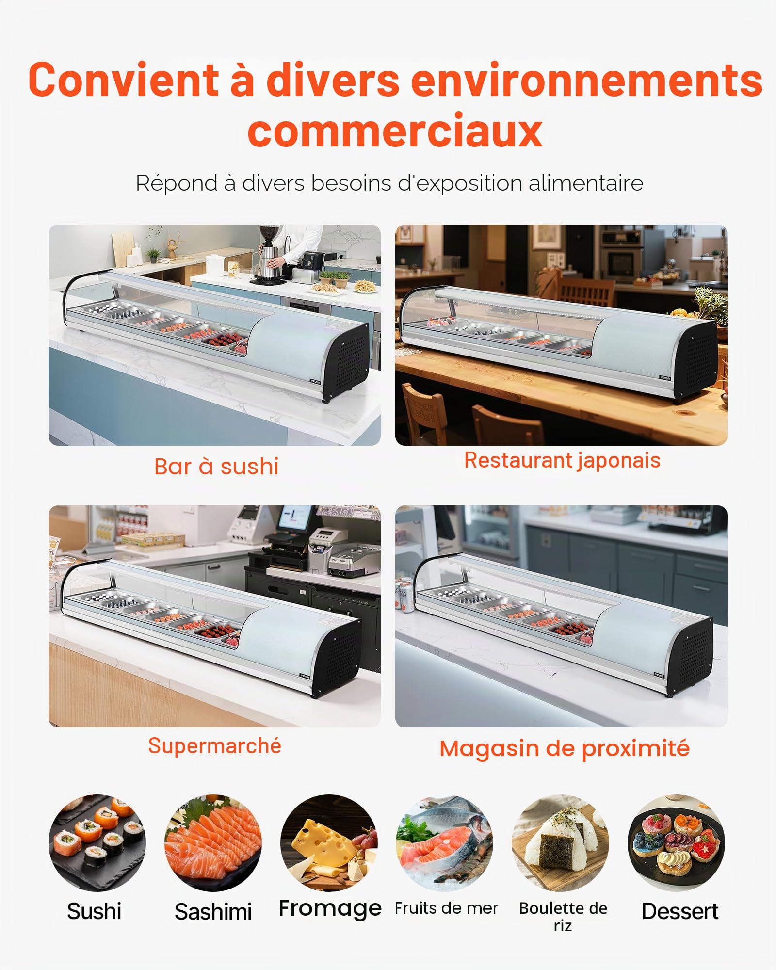 VEVOR Vitrine Réfrigérée à Sushis 72 L, Présentoir Réfrigéré de Comptoir, avec 7 Bacs, Verre Bombé, Éclairage LED et Contrôle Numérique de la Température, pour Bar à Sushis, Restaurant, Magasin