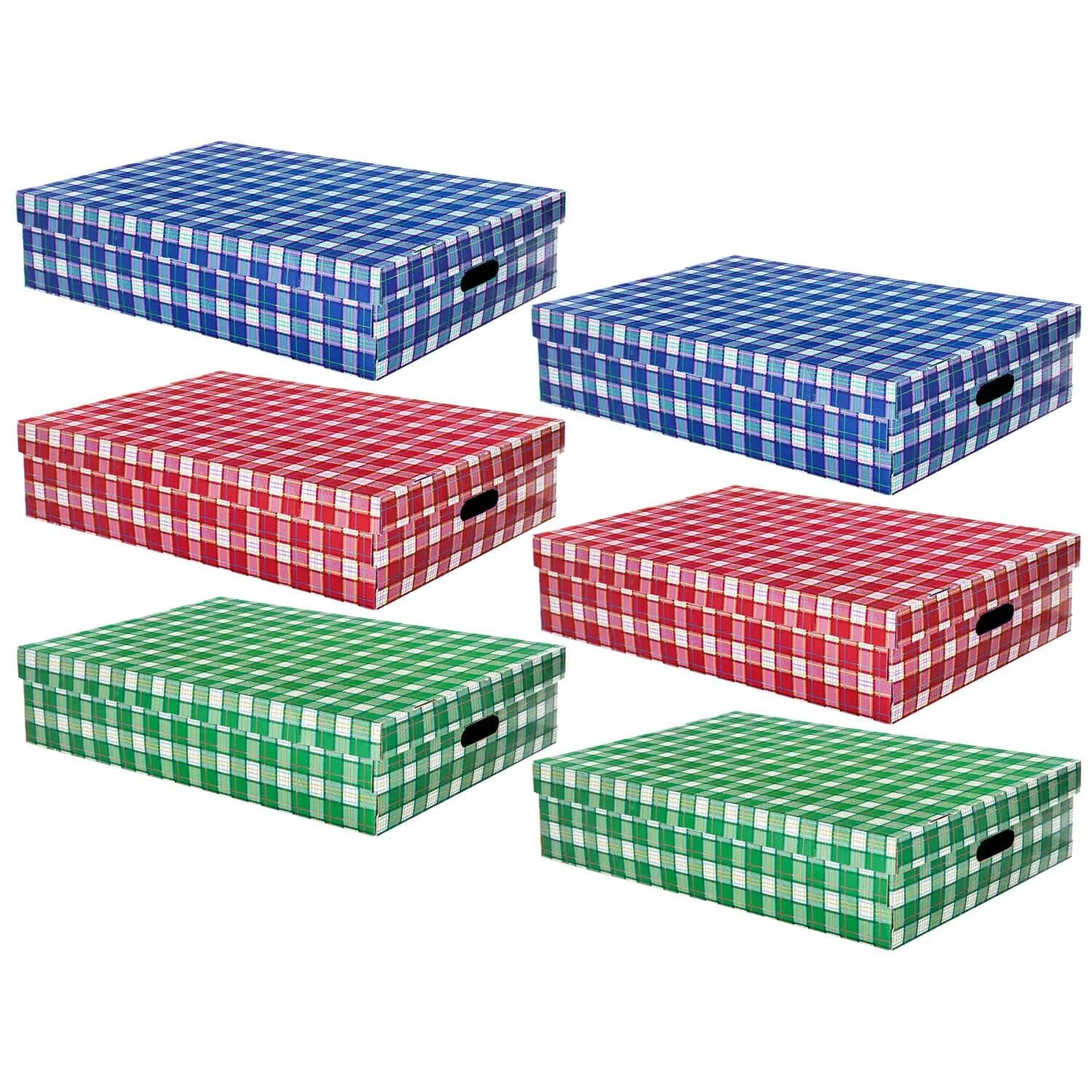 Pack 6 Cajas de Cartón Mediana, Plana, Diseño de Cuadros. Tamaño: 45x35x20 cm. 3 Colores Surtidos. Almacenamiento, Organización, Multiusos, con Tapa y Asas